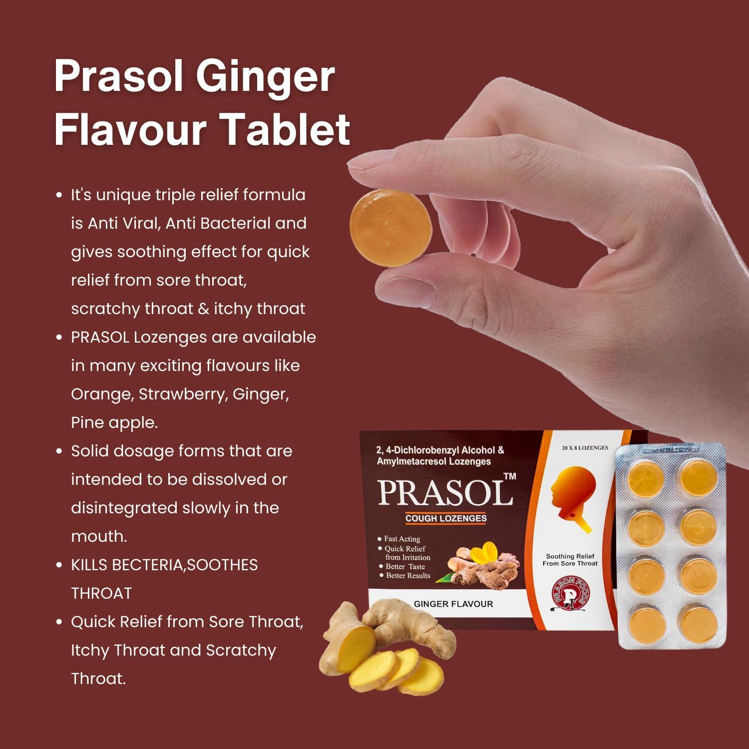 Prasol PRASOL Cough Lozenges (160 Lozenges) | Ginger Flavour | Quick Relief from Sore Throat, Itchy and Scratchy Throat (8 X 20 Strips)