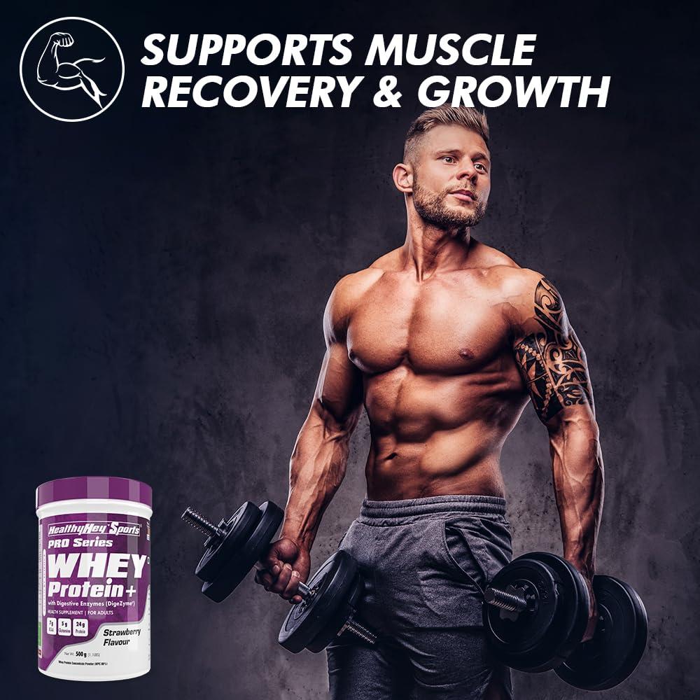 HealthyHey Sports HealthyHey Sports Whey Protein Concentrate - Helps in Muscle Synthesis (Strawberry, 500gm)