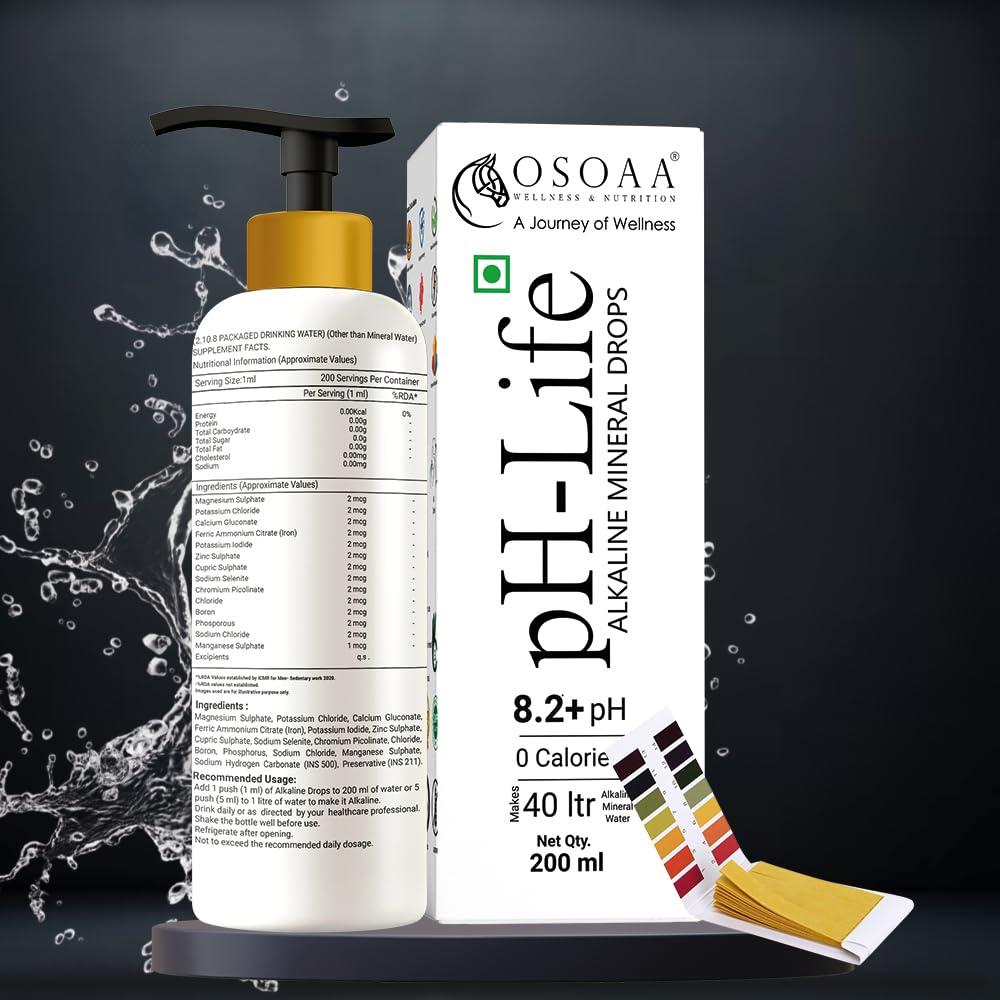 OSOAA OSOAA Ph-Life Vegetarian Alkaline Mineral Water Drops (200Ml)|Makes 40L Alkaline Water|8.2+ Ph Booster Drops For Ro Water|14 Minerals,0 Calorie|Drinking Water Enhancer Liquid