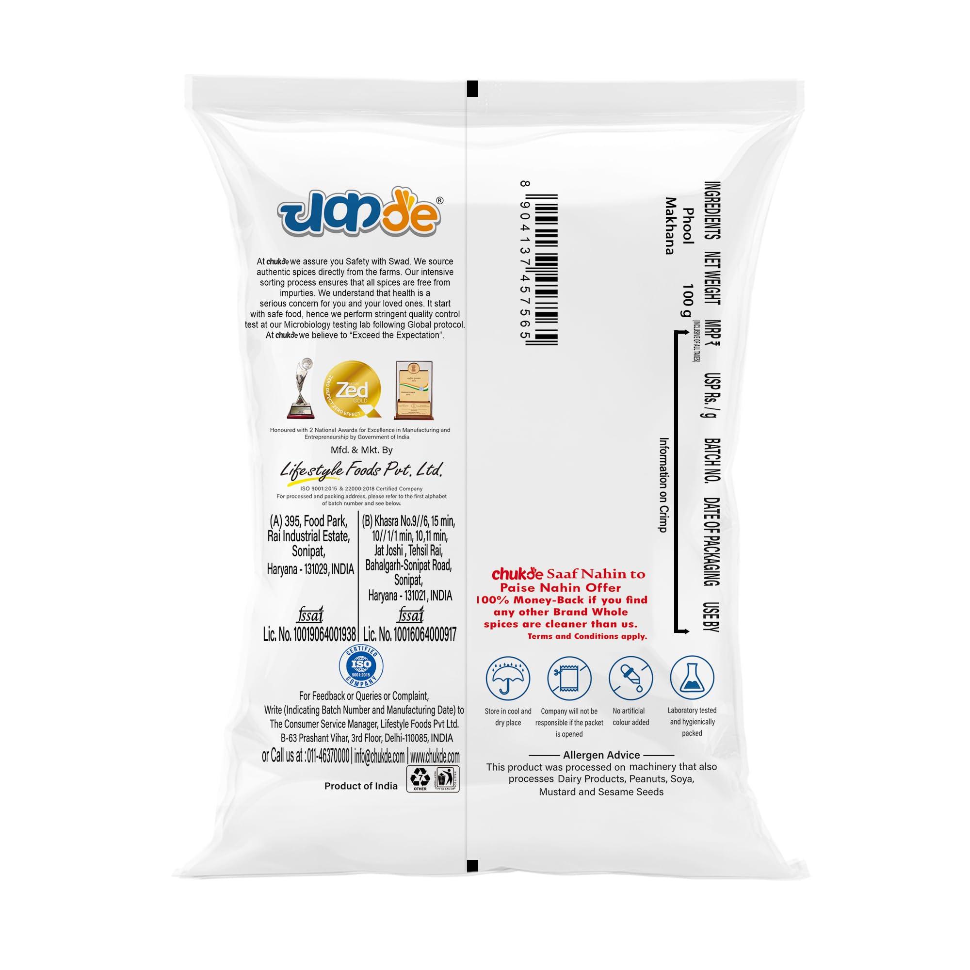CHUKDE Chukde Phool Makhana - Fox Nuts - 100 Gm: Low-Calorie, Rich in Protein, Antioxidants, and Heart-Healthy Snack. Perfect for Sabzi, Kheer, Pilaf, and Curries.