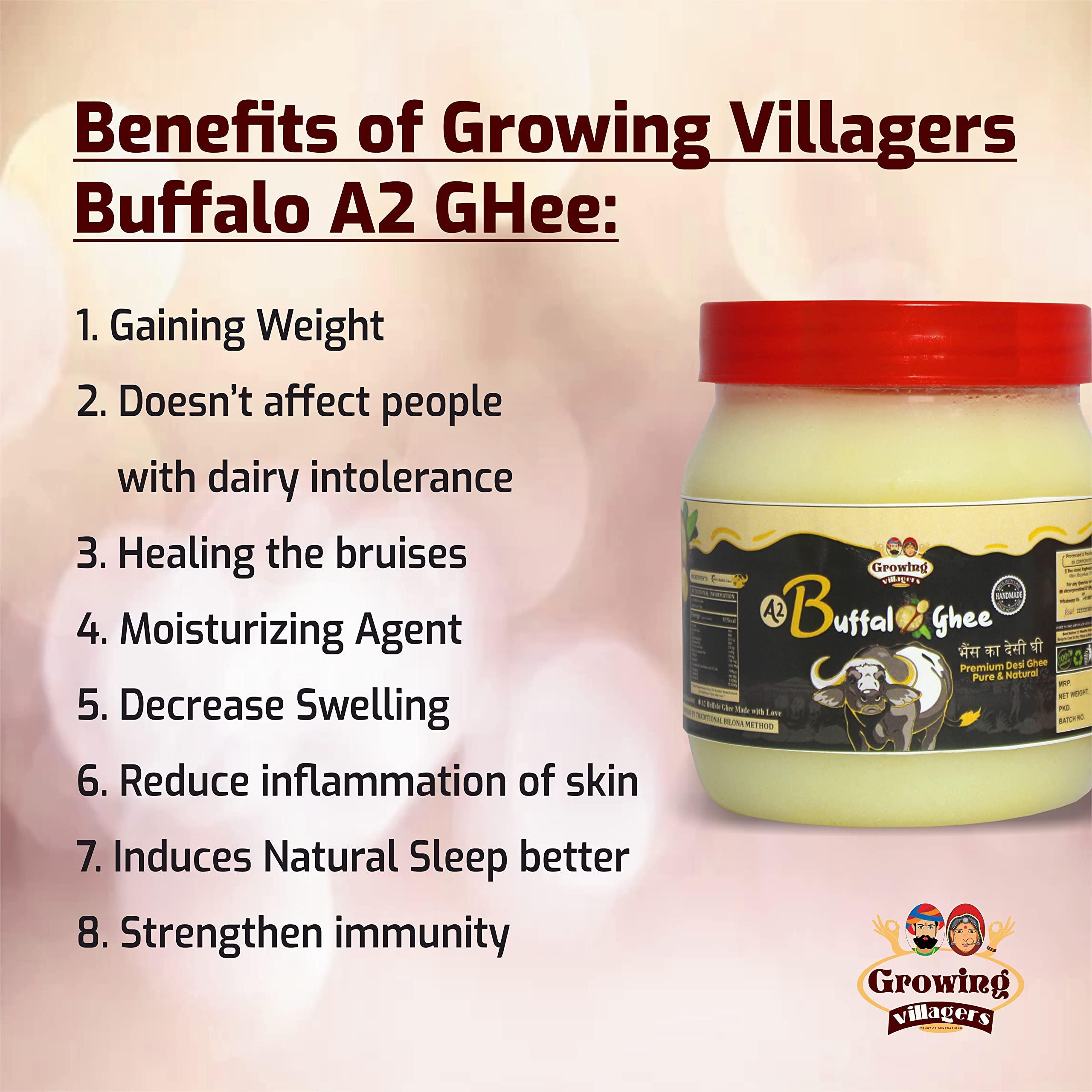 Growing Villagers Growing Villagers A2 Desi Buffalo Ghee 1 Litre | Organic Curd Churned Desi Ghee | Murrah Buffalo Bilona Method Ghee | Homemade Shudh Desi Bhes Ka Ghee - 2 Jars Of 500 ml Each