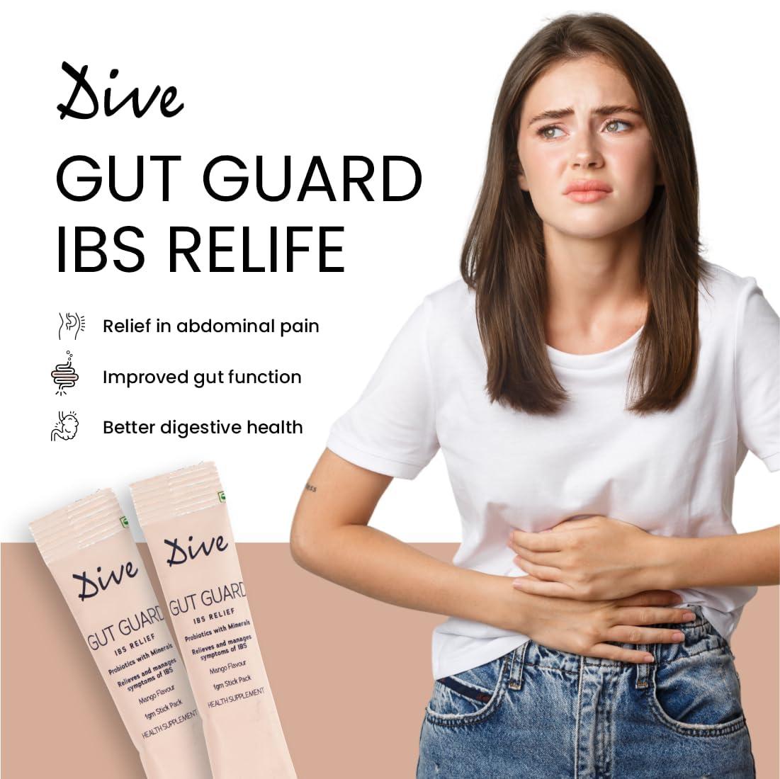 DIVE DIVE Gut Guard IBS Relief Probiotics, Constipation & Irritable Bowel Syndrome, Prevent Loose Stools, Diarrhoea, Upset Stomach, 7 billion CFU Clinically Proven Strains| Sugar Free 30 Days Pack