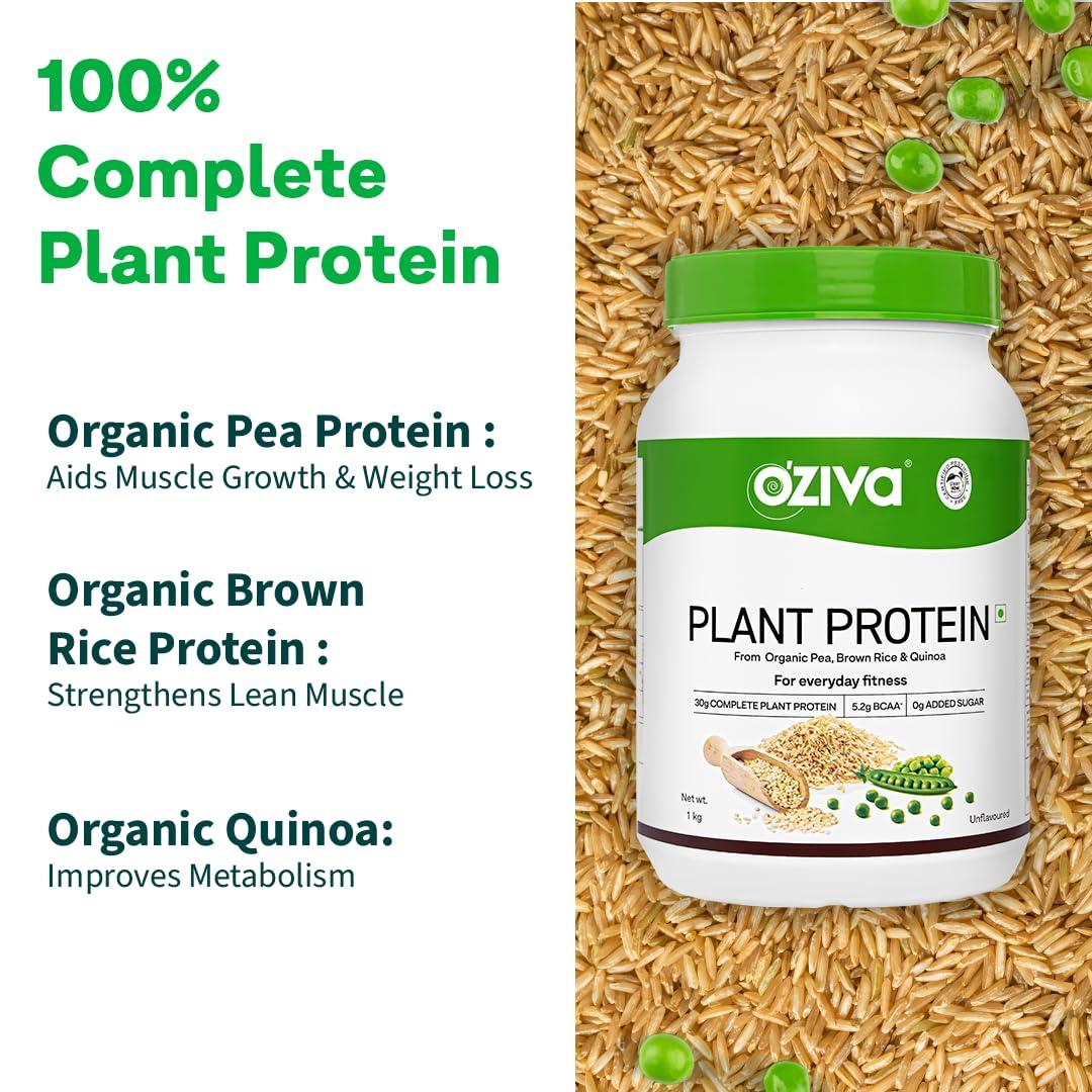 OZiva OZiva Organic Plant Protein for Everyday Fitness | 30g Protein - Pea Isolate | Complete Plant Protein Powder for Men & Women | No Added Sugar, Certified Clean & Vegan (Unflavoured, 1kg)