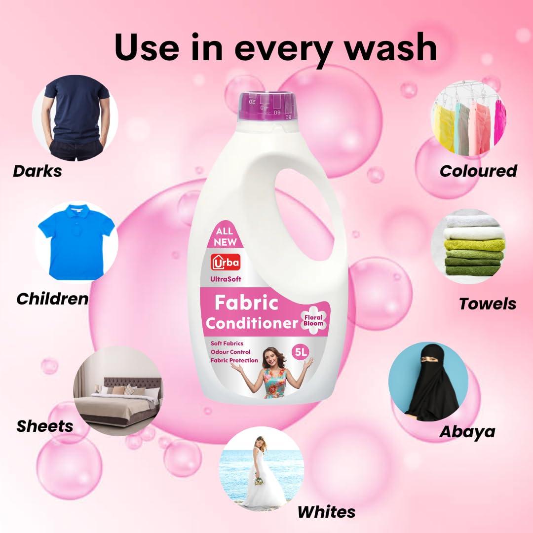 URBA Urba Floral Boom Fabric conditioner 5 L| Super saving Pack| After Wash Liquid Fabric Softener (Offer Pack) | Softness, Shine & Long Lasting Freshness | Fabric stiffener 5000 ml