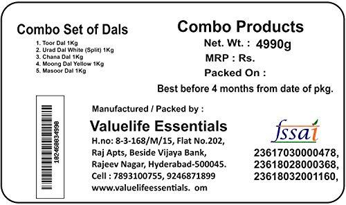 Value Life Valuelife Combo Dal Products 4990g - Toor Dal 1kg - Urad dal Whole (White) 1kg - Chana Dal 1kg - Moong Dal (Yellow) 1kg - Masoor Dal 1kg