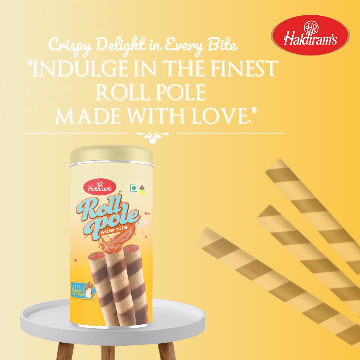 Haldiram's Haldiram\'s Roll Pole Salted Banana Caramel 150gm | Wafer Roll Sticks | Smooth Crunchy Snacks | Crackers | Sweet Treats for Kids | Rich and Creamy | Ready to Eat Snacks | Sweet Dessert