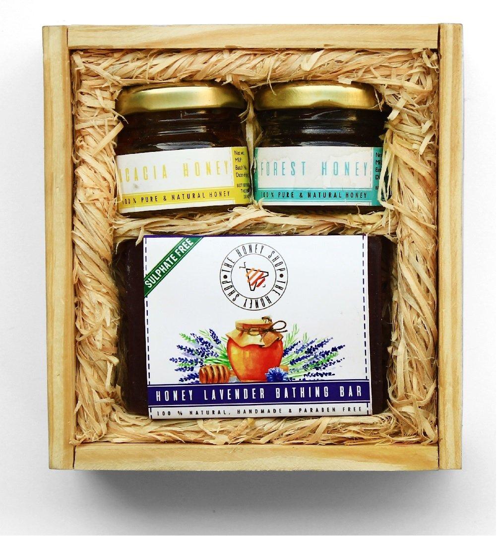 The Honey Shop THE HONEY SHOP - Honey Bloom Gift Hamper - Healthy & Natural, Packed in Hand Crafted Pine Wood Box (Pack of 1)