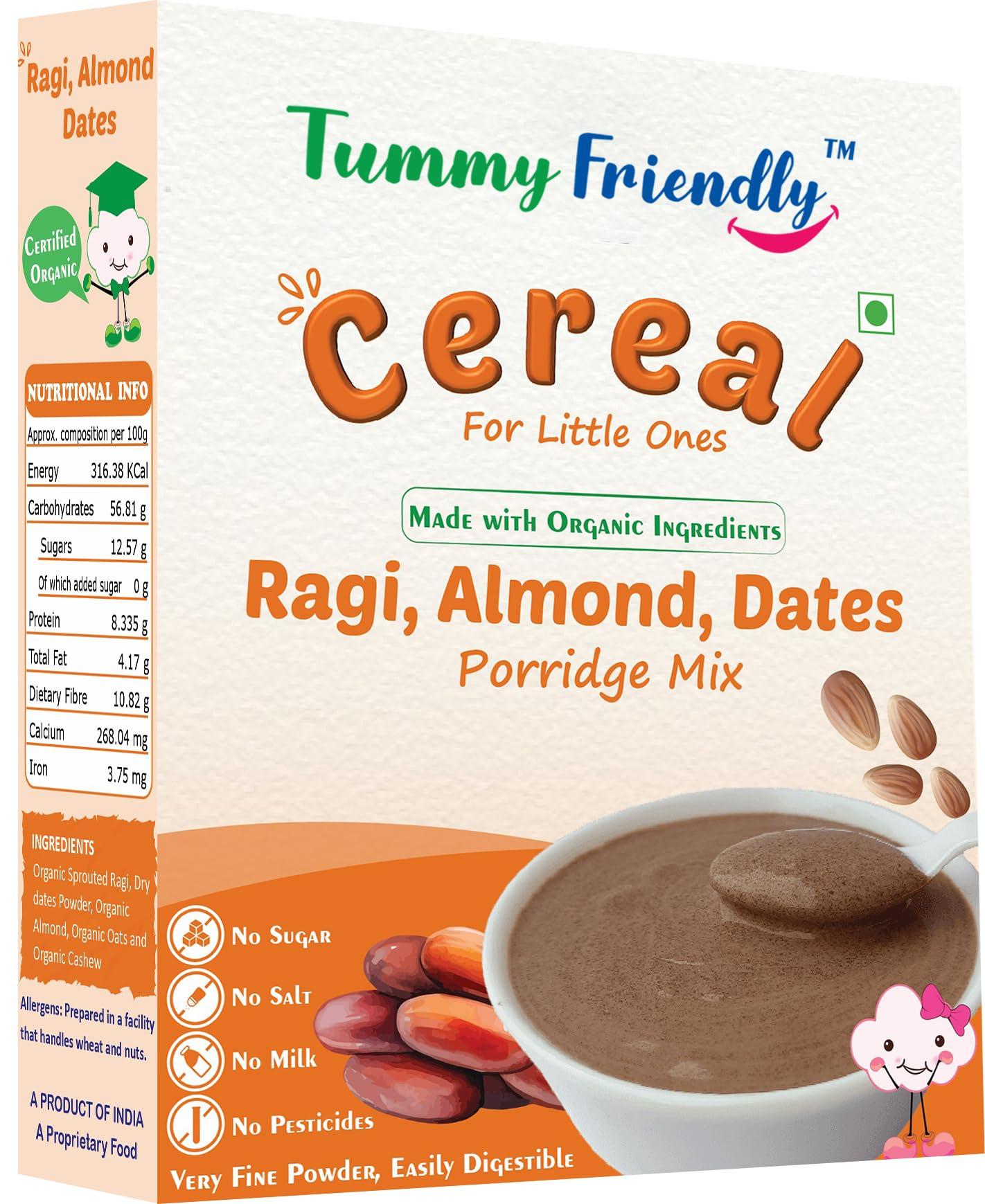 Happy Tumms Happy Tumms Organic Sprouted Ragi Almond Dates Porridge Mix | NO HIDDEN SUGAR | Made of Sprouted Ragi Powder for baby | Sprouted Ragi for Calcium, Iron | Real Food No Chemicals | Available in Trial Baby Packs too | Shelf-life 9 month | 200g