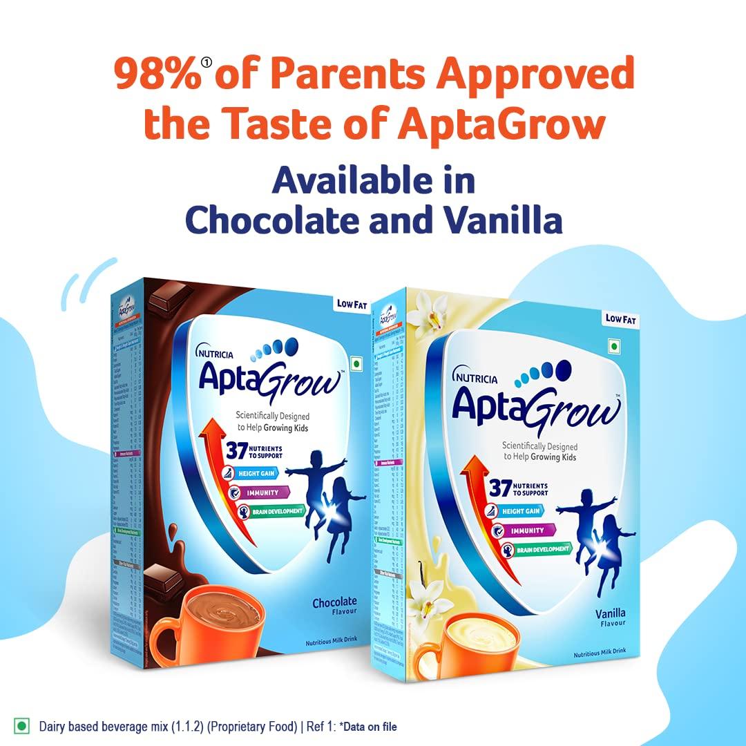 AptaGrow AptaGrow Milk Drink Powder for Kid s Height Gain, Immunity & Brain Development, Nutritious & Tasty Chocolate Flavor, 400g | 37 Nutrients | Prebiotics | Low Fat | Veg | Pack of 2