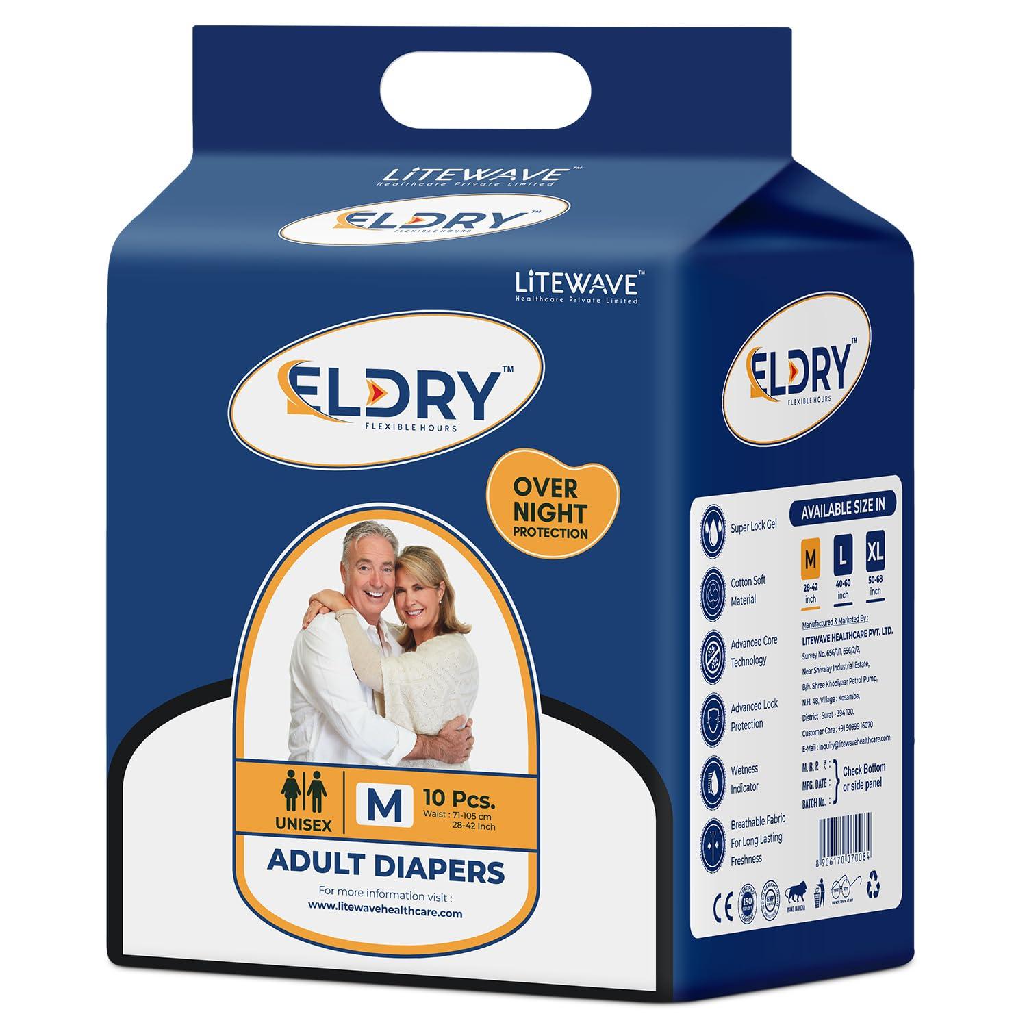 ELDRY Eldry Adult Diaper, Tape Style, Medium (M) Size, 60 Count, Unisex, Waist Size (28-42 Inch | 71-105 cm), Super Absorbent Core, Wetness Indicator, Overnight Protection, Pack of 6