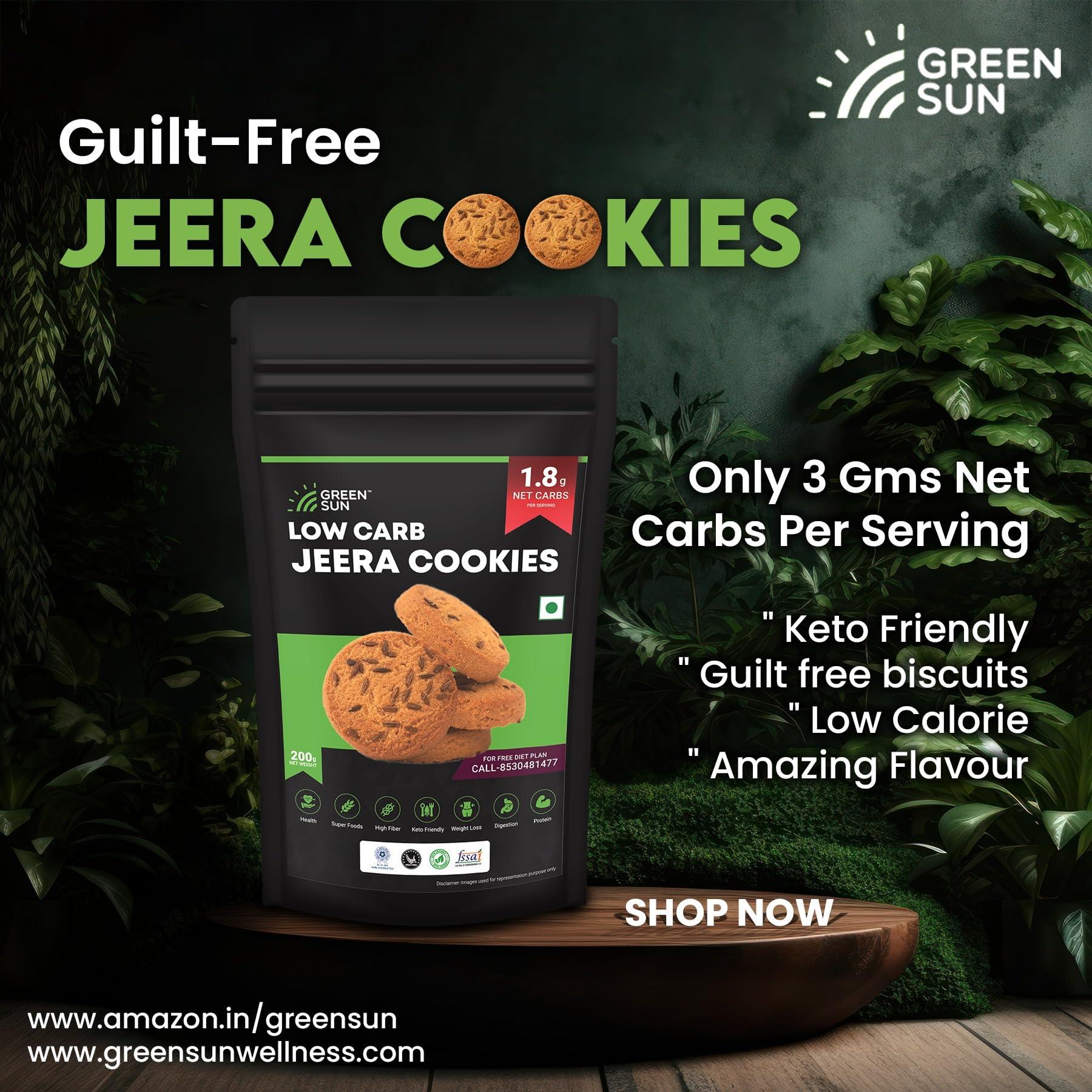 GREEN SUN Green Sun Low Carb Jeera Cookies|Pack of 2 | 0.6 g Net Carb Per Biscuit | Keto Friendly| Sugar Free | Natural Sweetener Stevia |Healthy | High Fiber | Super Foods | Crispy