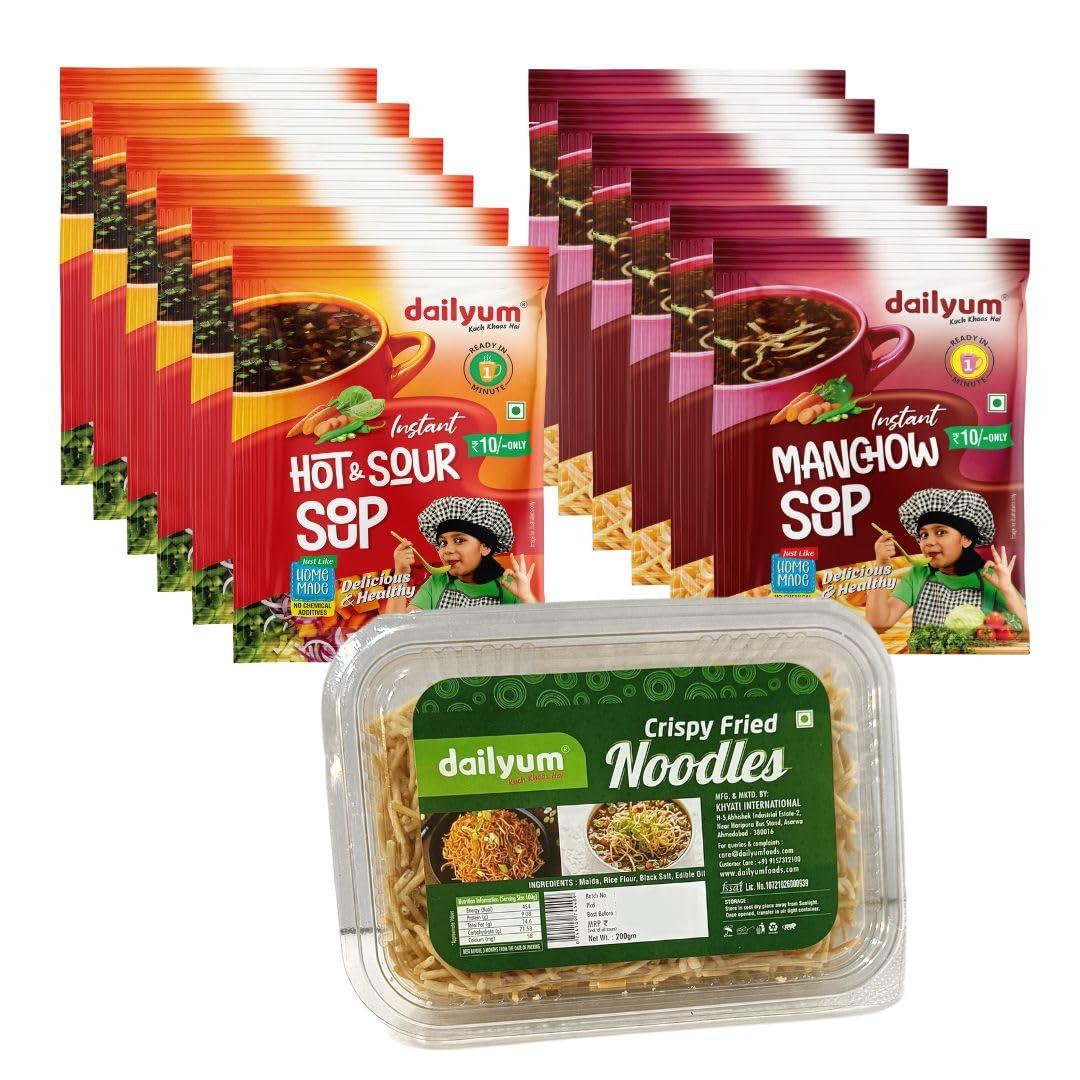 dailyum Dailyum Instant Soup Combo |Manchow Sip-a-Soup Pack Of 6 | Instant Hot & Sour Sip-a-Soup Pack Of 6 | Crispy Fried Noodles 200 Gram | Combo Pack |100% Natural | No MSG