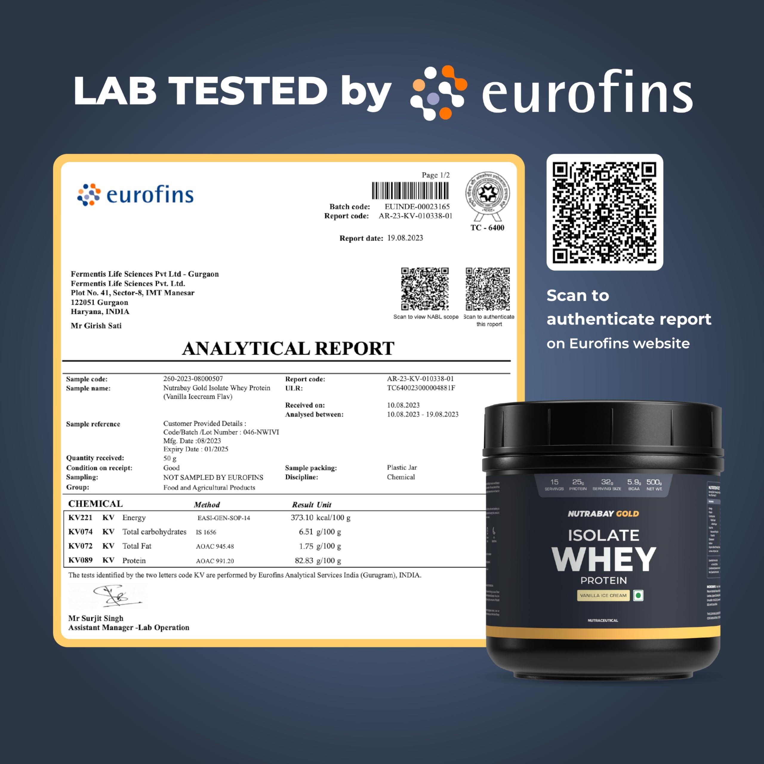 Nutrabay Nutrabay Gold Whey Protein Isolate Powder - 500g, Vanilla Ice Cream | 25g Protein, 5.9g BCAA | Easy to Digest | NABL Lab Tested | Muscle Growth & Recovery | Rich in Glutamic Acid | For Men & Women