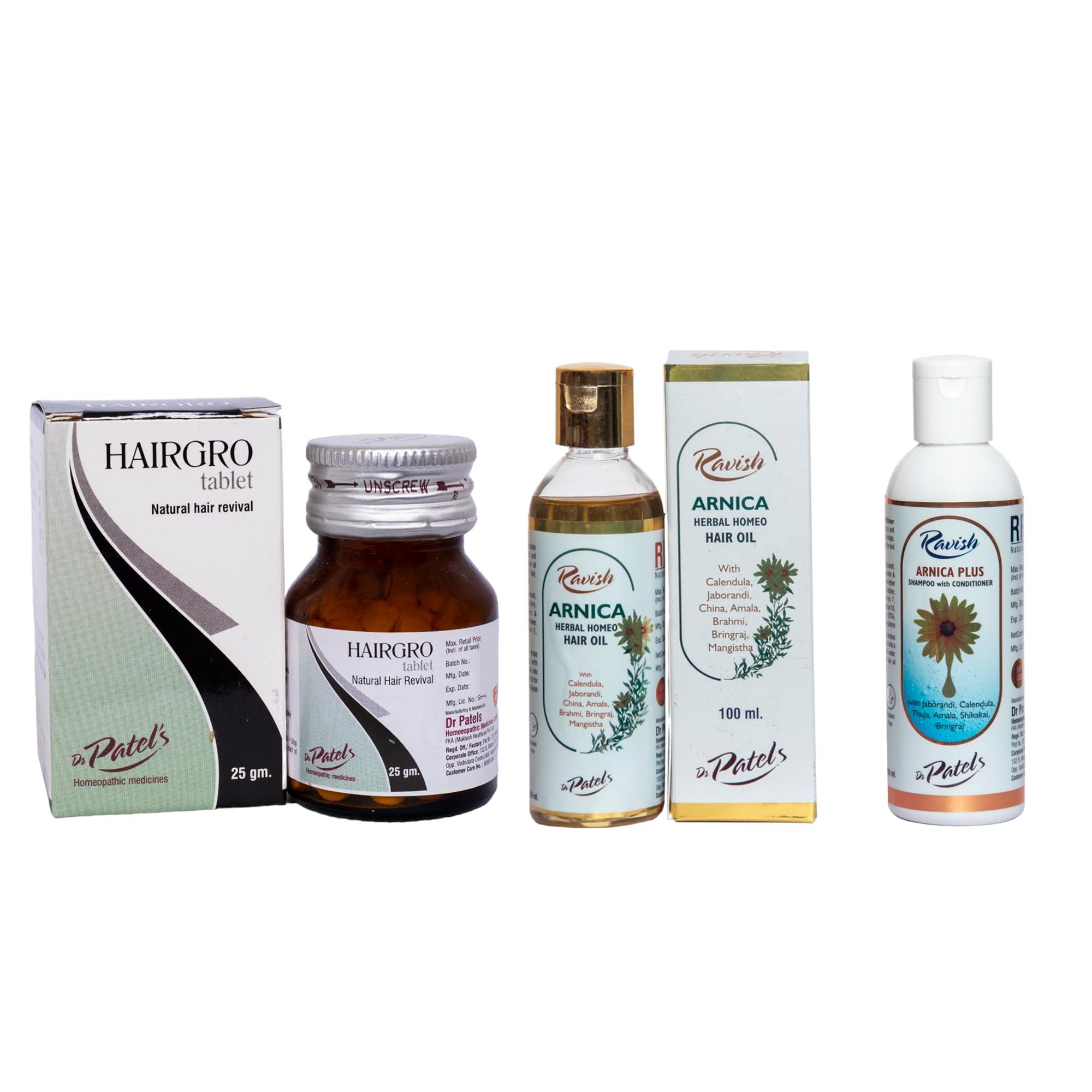DR PATELS HOMEOPATHIC MEDICINES Dr Patel\'s Hair Grow Tablets + Arnica Plus Shampoo + DP Herbal Homeo Hair Oil Combo | Reduces Hair Fall, Repairs Split Ends & Thinning | for Dry, Rough & Frizzy Hair (Pack of 4)