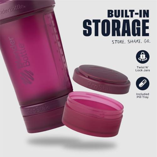 Blender Bottle BlenderBottle Shaker Bottle with Pill Organizer and Storage for Protein Powder, ProStak System, 22-Ounce, Plum