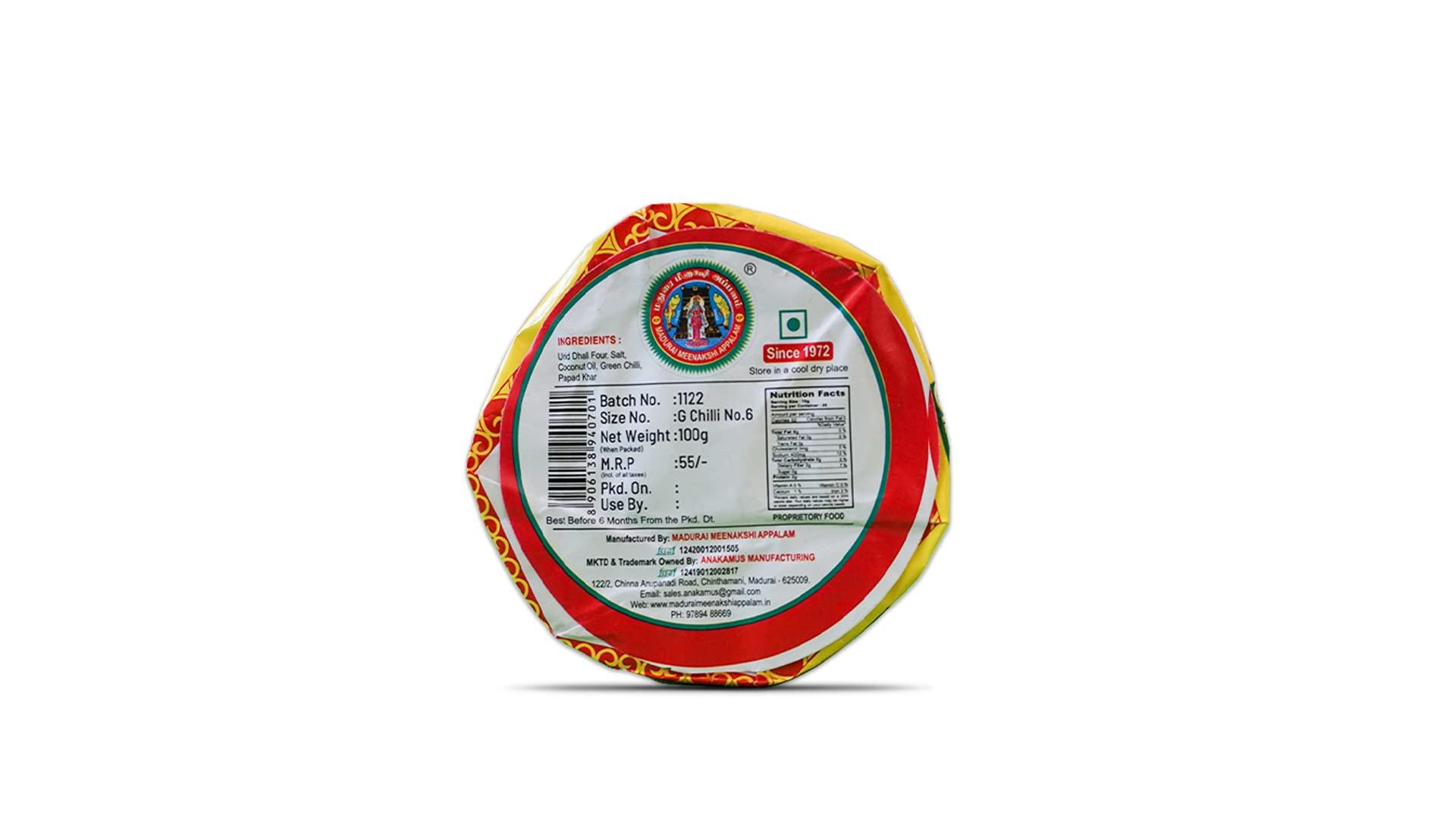 MADURAI MEENAKSHI MADURAI MEENAKSHI Greenchilli Appalam | South Indian Papad | (Size No.6, 100gm Pack of 5 (Green, 6)-Traditional Homemade / Papad/ Appalam /Papad Plain Indian Papad /Madurai Happala South Indian Papad Papadam Snack for Meals