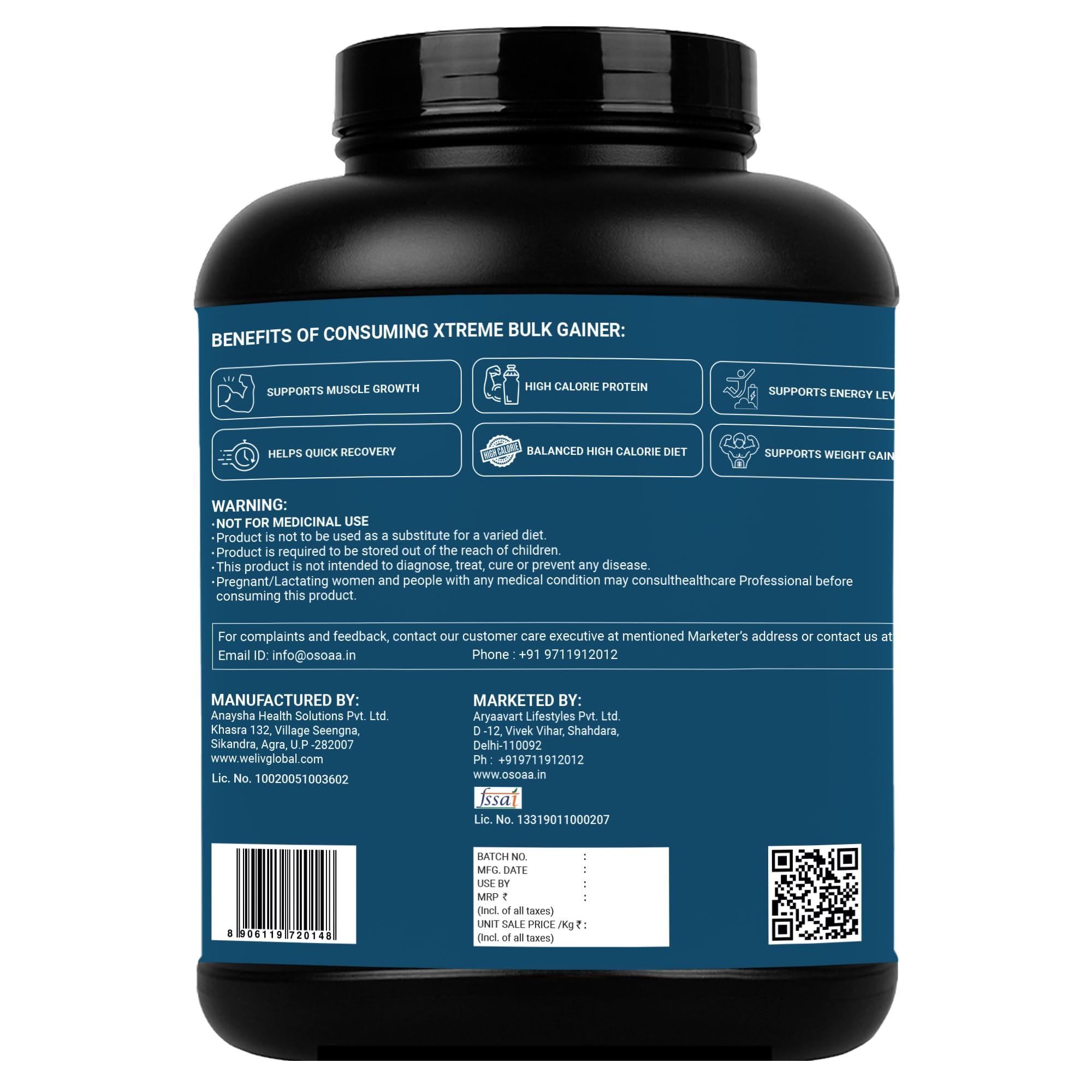 OSOAA OSOAA Bulk Mass Gainer 3Kg | (Italian Chocolate) | 15g Protein |490 Calories | Added 3g Creatine | with Digestive Enzymes | 28 Added Vitamins | For Both Men & Women