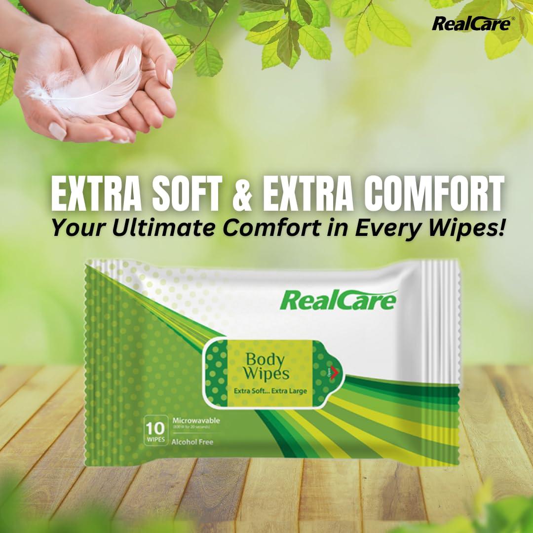 REALCARE Realcare Adult Body Wipes,Pack of 1 (10 counts), Extra soft and Length Body Wipes,Bed bath wipes, Hygienic and cleansing wet wipes, Antibacterial and Alcohol free bed bath wipes, 320 * 320 mm.