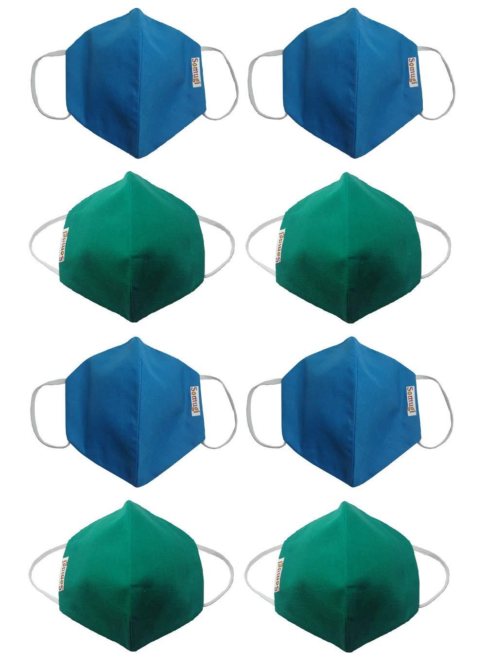 Somugi Somugi triple layer (Sky Blue +Green) cotton Anti pollution Face mask Pack of- (4 + 4) pcs (Reusable, washable, skin friendly) Adult size