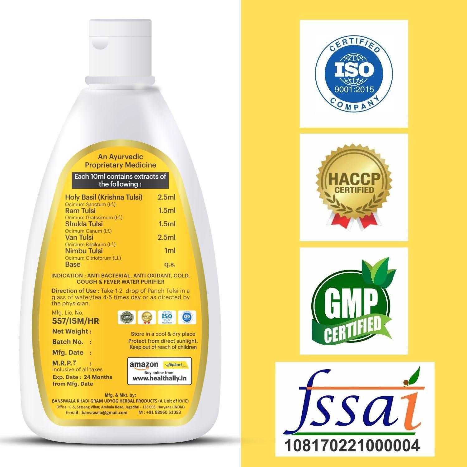 BANSIWALA Bansiwala Khadi Vedic Panch Tulsi Drops | 5 Rare Tulsi for Boosts Immunity, Cough Cold Relief | 100% Ayurvedic, AYUSH Approved - 50 ML