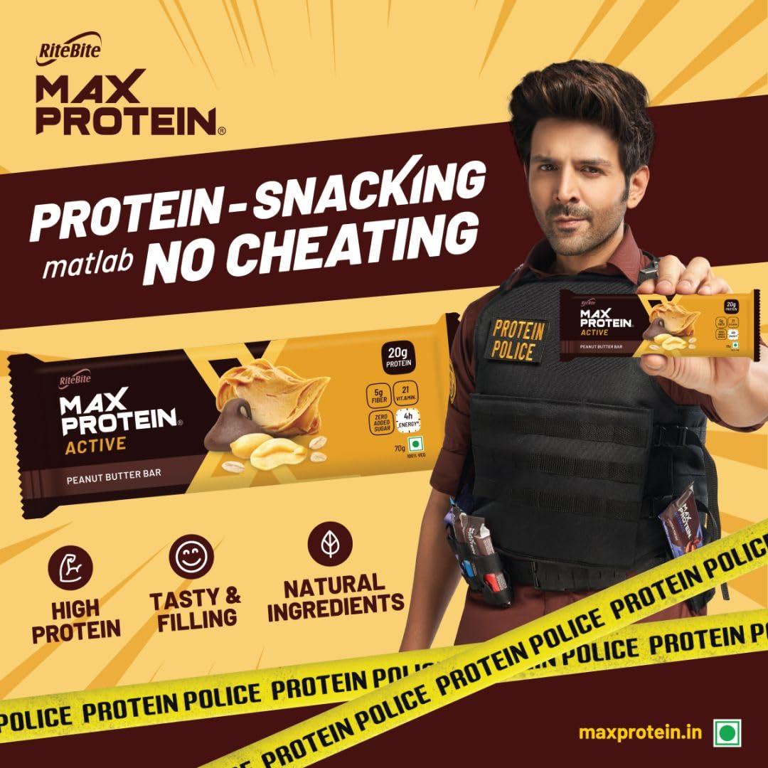 RiteBite Max Protein RiteBite Max Protein Active Peanut Butter Protein Bars with 20g Protein, 5g Fiber & 21 Vit. & Minerals | 0 Added Sugar, No Cholesterol & Trans Fat For Upto 4h of Energy, Healthy Snack, 70g (Pack of 6)