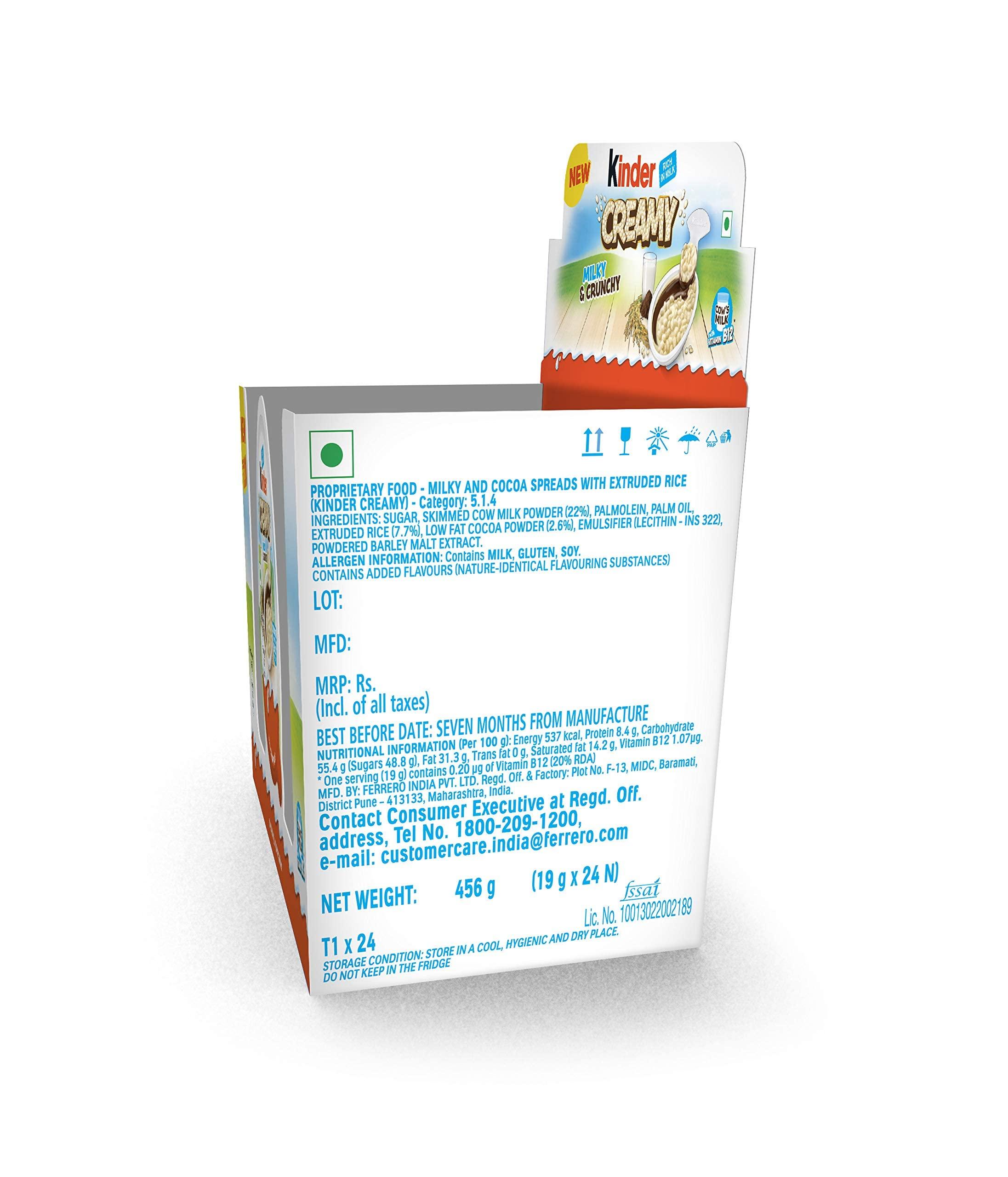 Kinder Dave\'s American Food Kinder Creamy Pack Of 24 Milky and Cocoa Chocolate with Extruded Rice, 456 Grams