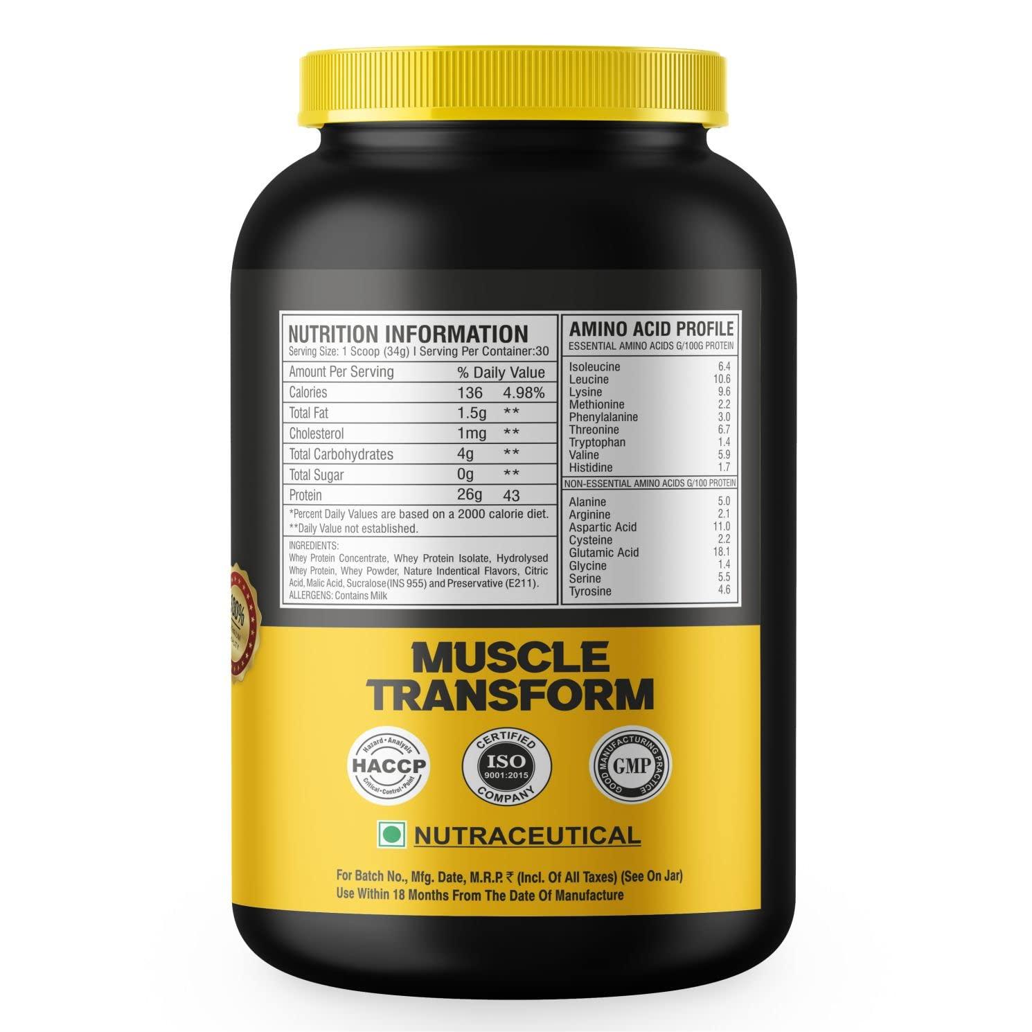 MUSCLE TRANSFORM Muscle Transform Fruity Whey Protein Isolate, 26g Protein, 5.5 BCAAs, 6g Glutamine, 15g EAA | Muscle-Building Whey Protein Supplement Powder, Refreshing Whey for Men Women [Litchi,1kg] Free Gym Shaker Sipper Bottle