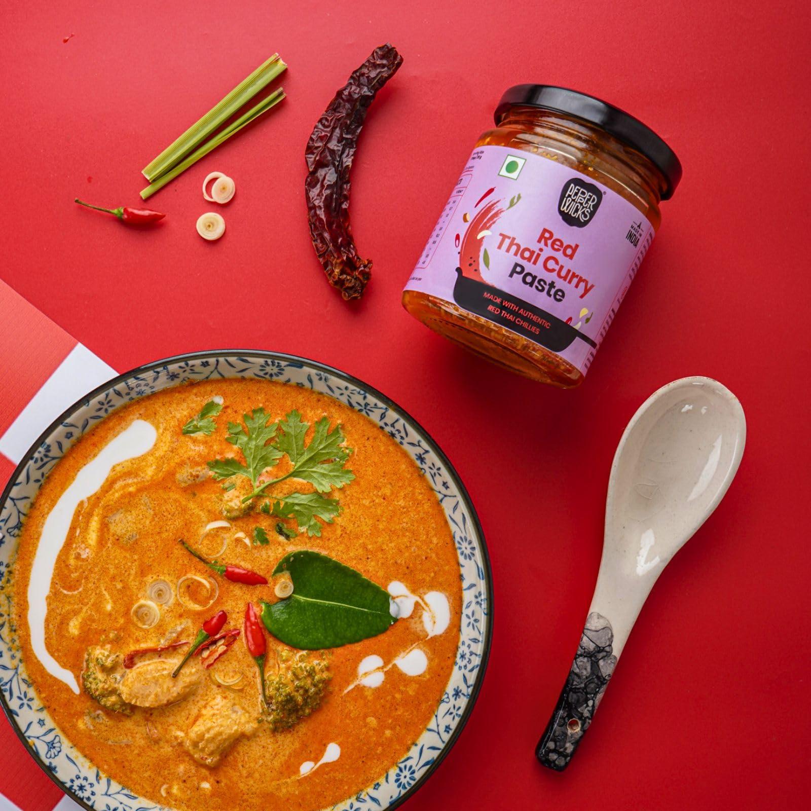 PEPPERWICKS Pepperwicks Red Thai Curry Paste (160 gms) | Serves 6-8 | 100% Vegetarian | Only Natural & Fresh Ingredients | No Preservatives | No Chemicals | Vegan | Gluten-Free | Make Restaurant-Style Red Thai Curry in 20 Mins