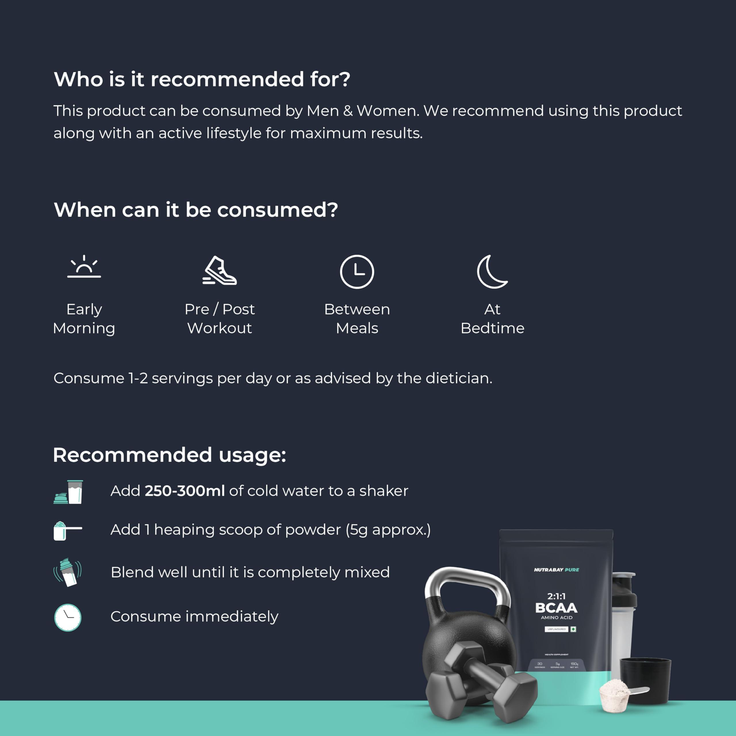 Nutrabay Nutrabay Pure BCAA 2:1:1-5g Vegan BCAAs, Intra/Post Workout Amino Acid Supplement for Men & Women - 150g, Unflavoured