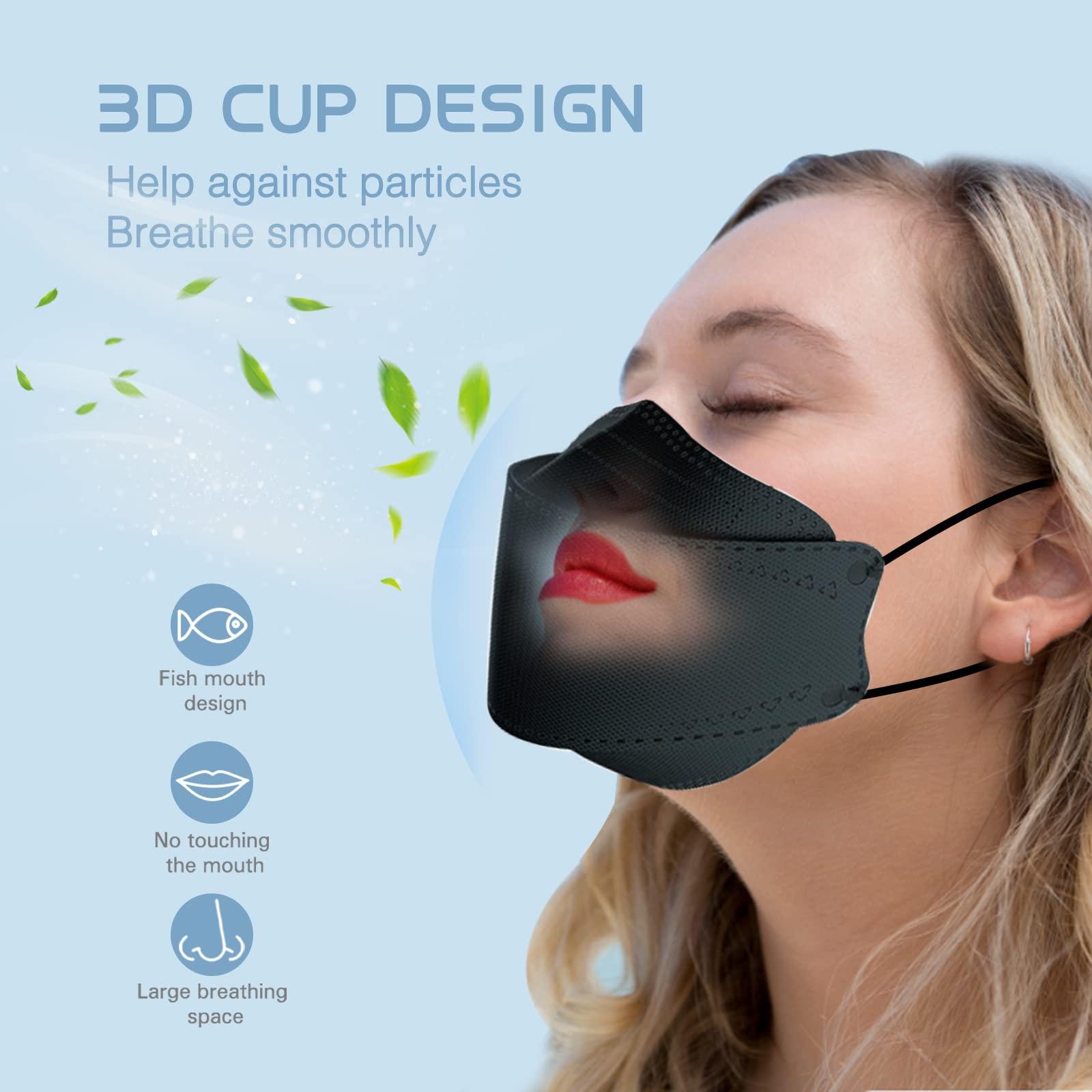 XYEXIM 60Pcs KF94 Disposable Face Masks, KF94 Mask Individually Wrapped, Fish Mouth Type Aldult Safety Four Layer Protective Cup Type mask,Comfortable Breathable ,and Protection Rate of 95% , Suitable for all AdultsBlack