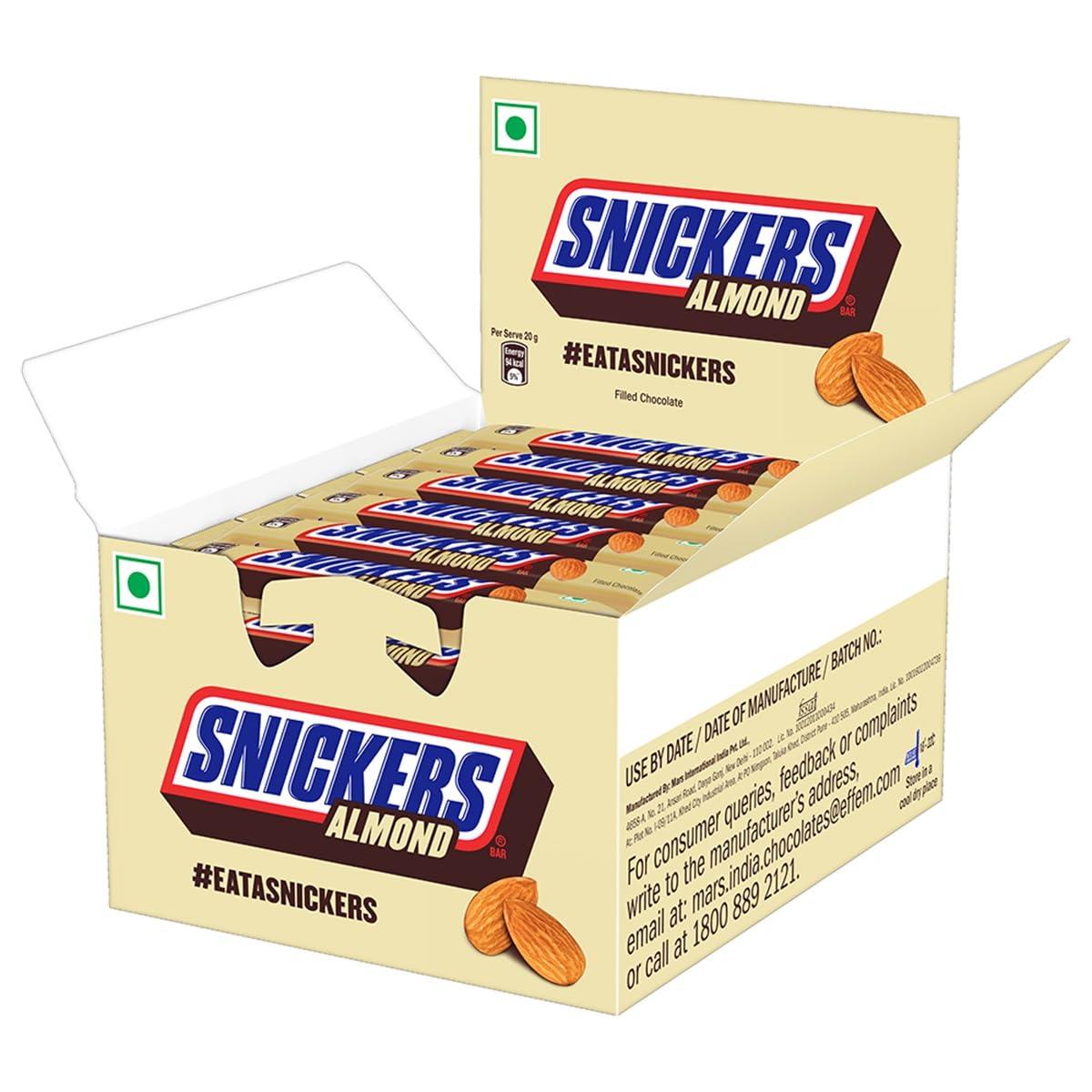 Snickers Snickers Almond Filled Chocolate Bar | Loaded with Delicious & Nutritious Roasted Almonds and Rich Caramel | Premium Chocolate for Sharing | 22 g | Pack of 24
