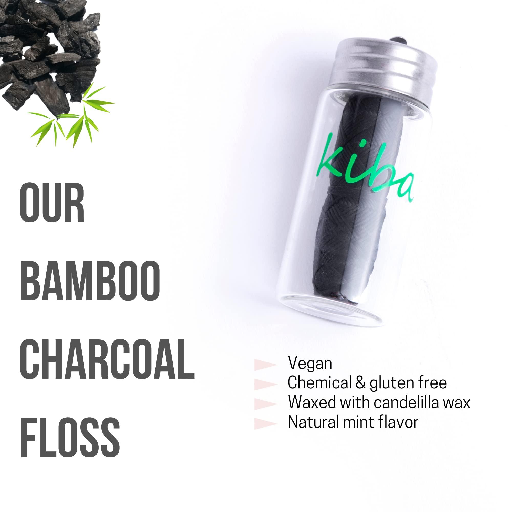Kiba Kiba Bamboo Charcoal Floss w/ Reusable Floss Container 5 pc Kit (1 Glass Floss Container + 4x30m Dental Floss Refills) - Eco Friendly Floss w/ Candelilla Wax - Mint - Vegan
