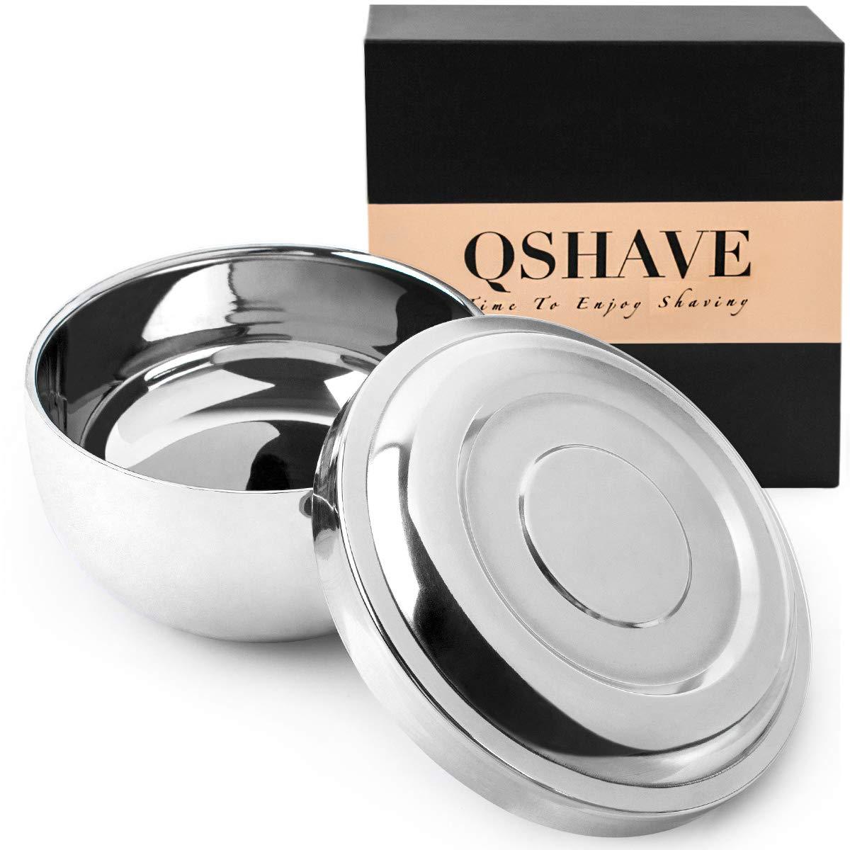 QSHAVE QShave Stainless Steel Shaving Bowl with Lid 4 Inch Diameter Large Deep Size Chrome Plated Shinning Finish