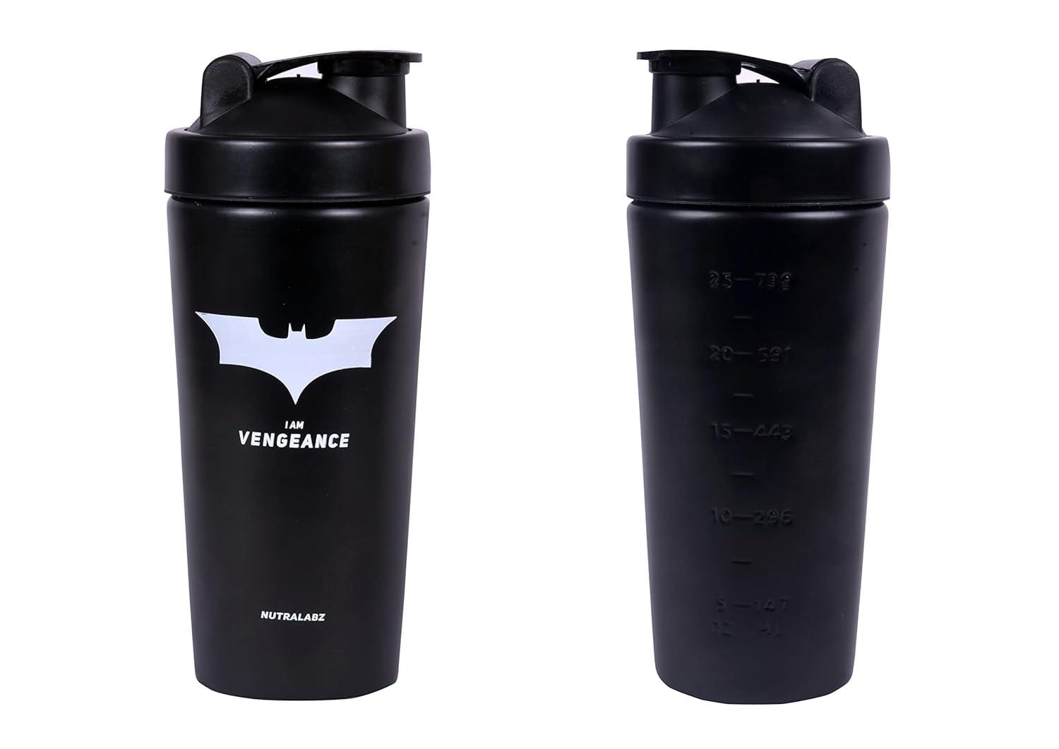 NUTRALABZ NUTRALABZ Batman Shaker Bottle 750ml | Leakproof Stainless Steel | BPA-Free | Matte Black Gym Shaker | Ideal for Protein, Pre-Workout, & Water | 100% Leakproof Guarantee | Gym Accessory for Fitness