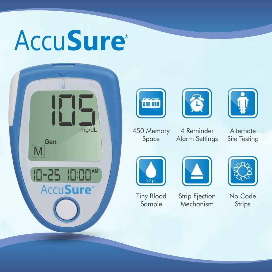 AccuSure AccuSure Instant Digital Blood Glucose Glucometer Kit Combo Value-Pack (25 Test Strips + 10 Lancets + 1 Lancing device) with Extra pack of 25 strips |Blood Glucose Testing Meter.