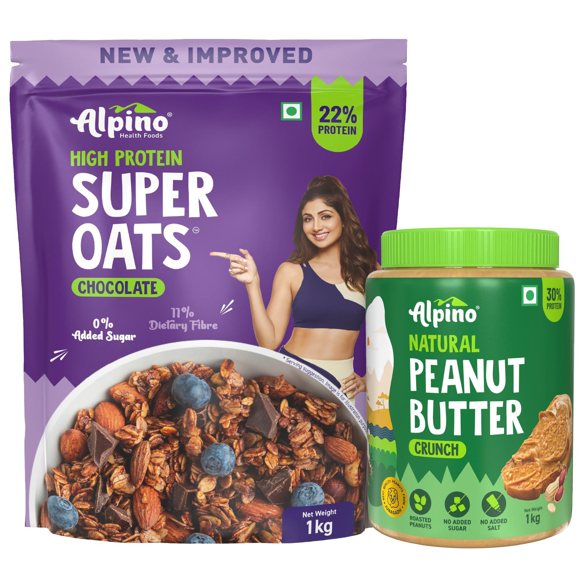 Alpino Alpino Pre-Workout High Protein & Fiber Diet Super Combo - High Protein Super Oats Chocolate 1kg, Natural Peanut Butter Crunch 1kg
