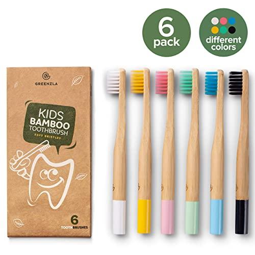 GREENZLA Greenzla Kids Bamboo Toothbrushes (6 Pack) | BPA Free Soft Bristles Toothbrushes | Eco-Friendly, Natural Bamboo Toothbrush Set | Biodegradable, Compostable & Organic Charcoal Wooden toothbrushes