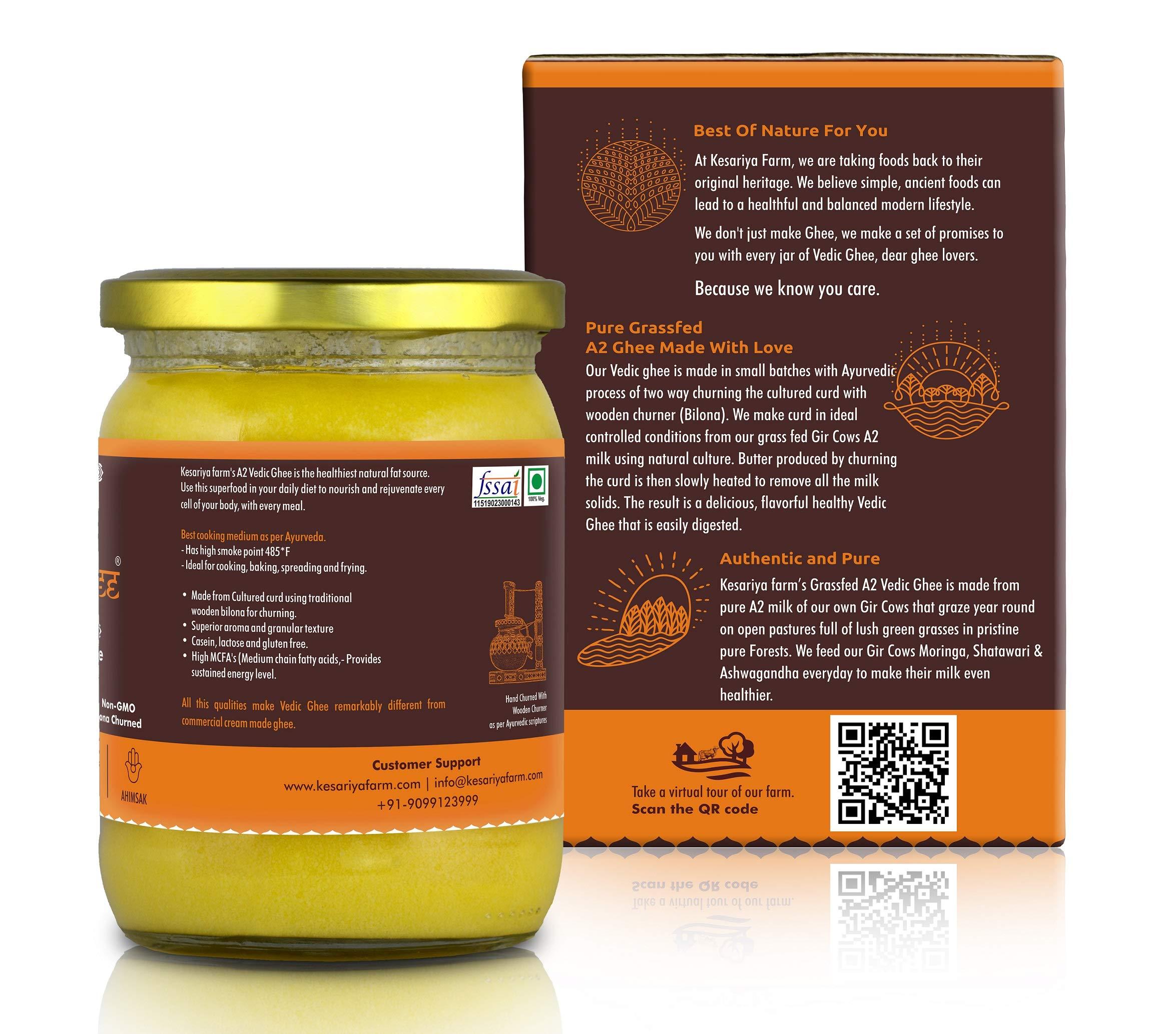 VEDIC GHEE Vedic Ghee Premium A2 Gir Cow Cultured Ghee from Kesariya Farm | Vedic Bilona Two Way Hand Churned | Indian Gir Cow Ghee, Pure A2 Ghee, Natural & Healthy, Non-GMO | Lab Certified (500ml)
