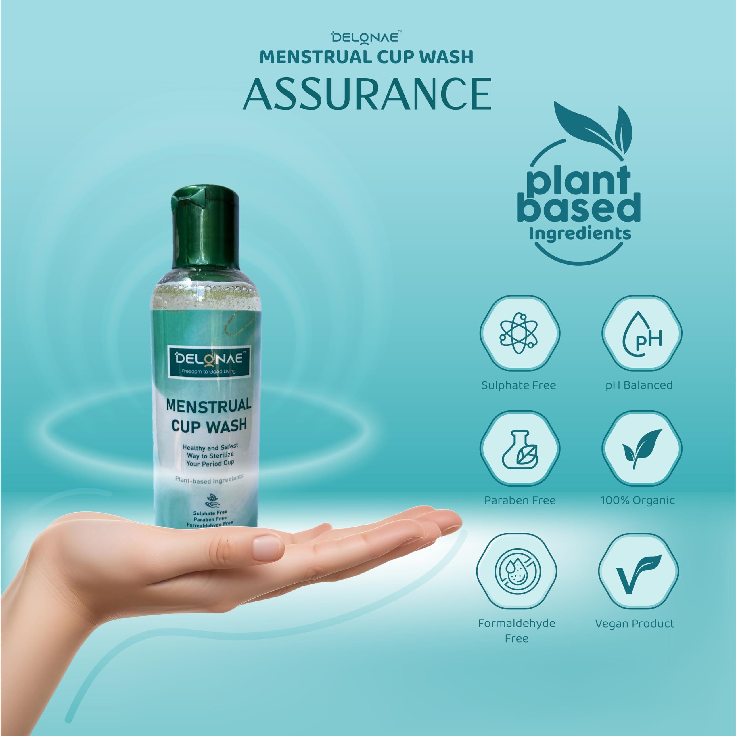 Delonae Menstrual Cup Wash Liquid -100ml | Plant based | pH balanced | Sulphate Free, Formaldehyde Free, Paraben Free | Healthy and Safest way to Sterilize your Period Cup