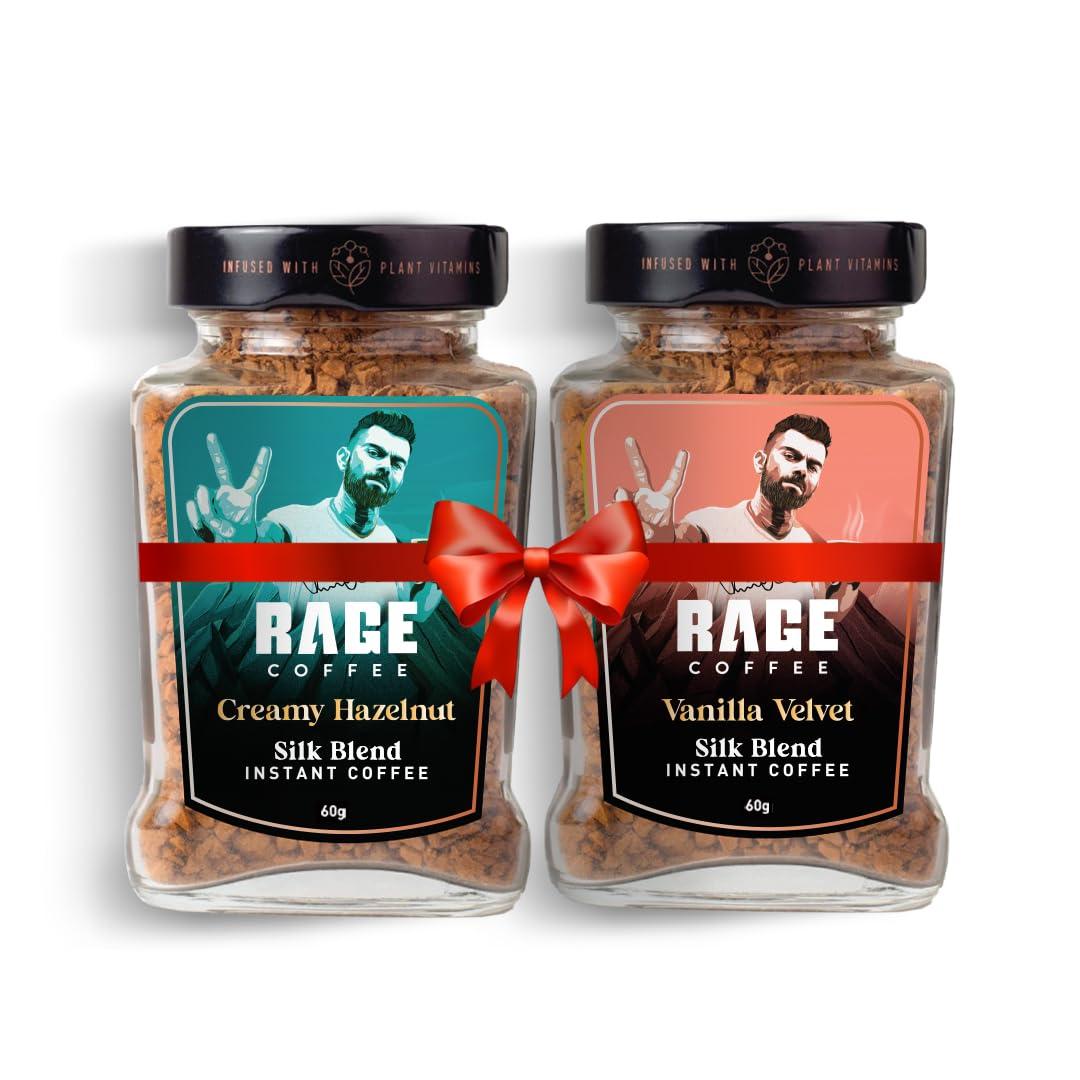 RAGE COFFEE Rage Coffee Silk Blend Instant Coffee | Creamy Hazelnut & Vanilla Velvet Silk Blend Flavoured Coffee 60 GMs Each | 100% Pure Instant Coffee | Premium, Bold & Smooth | Pack of 2