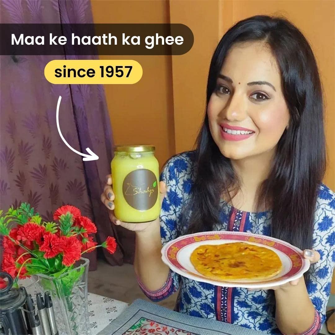 SHAHJI Shahji Pure A2 Gir Cow Desi Ghee 1L Glass Jar | Crafted with Vedic Bilona Method from 100% Desi Gir Cow Milk | Grassfed, Premium, and Traditional Ghee to Boost Immunity and Digestion | Lab Tested for Quality | Maa Ke Hath Ka Ghee | Serving Since 1957