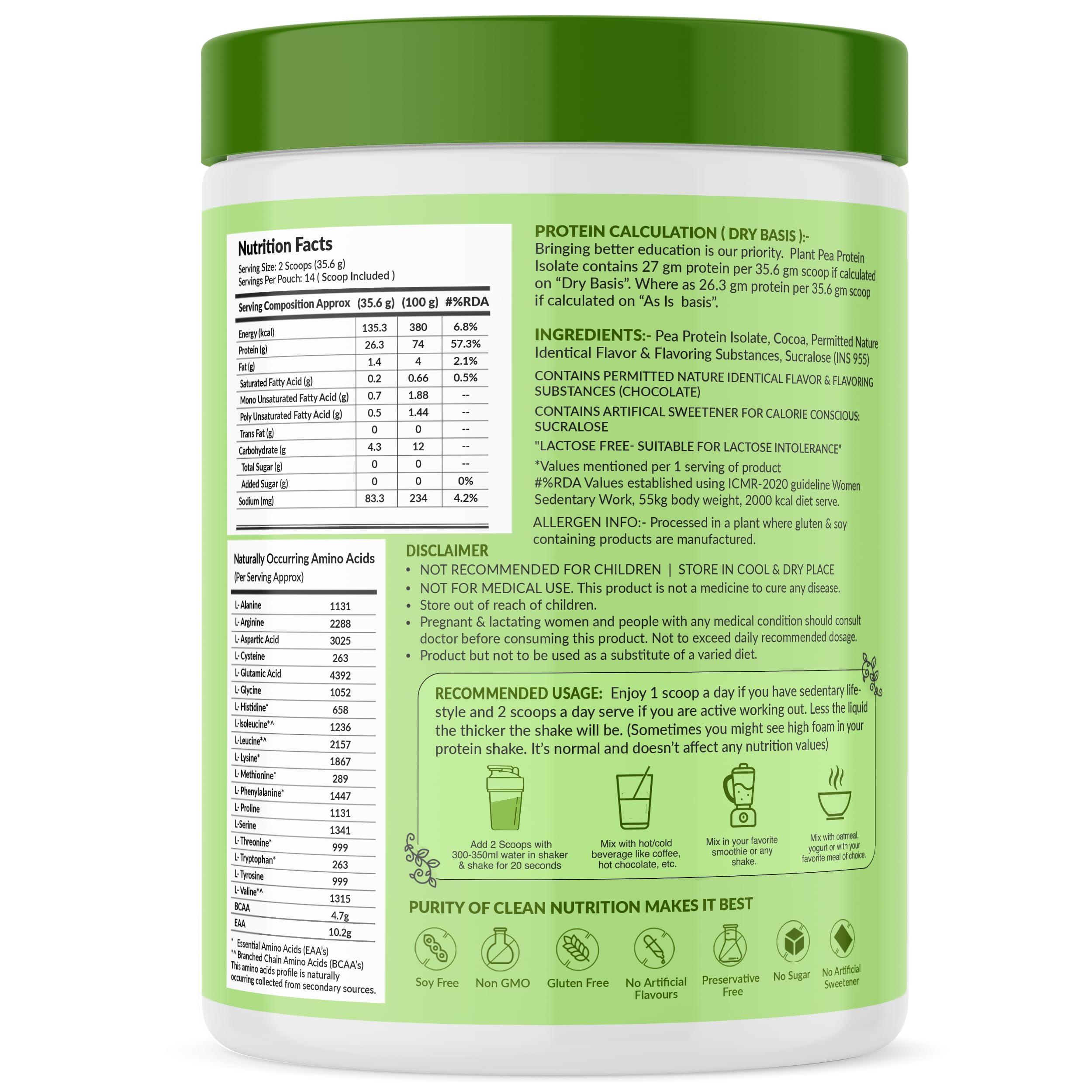 MyFitFuel MyFitFuel Clean Plant Pea Protein Isolate (26.3g Protein, 4.7g BCAA, 10.2g EAA) |Easy to Digest | Vegan Plant Protein Powder [500g, 14 Servings, (Chocolate Delight Swirl)]