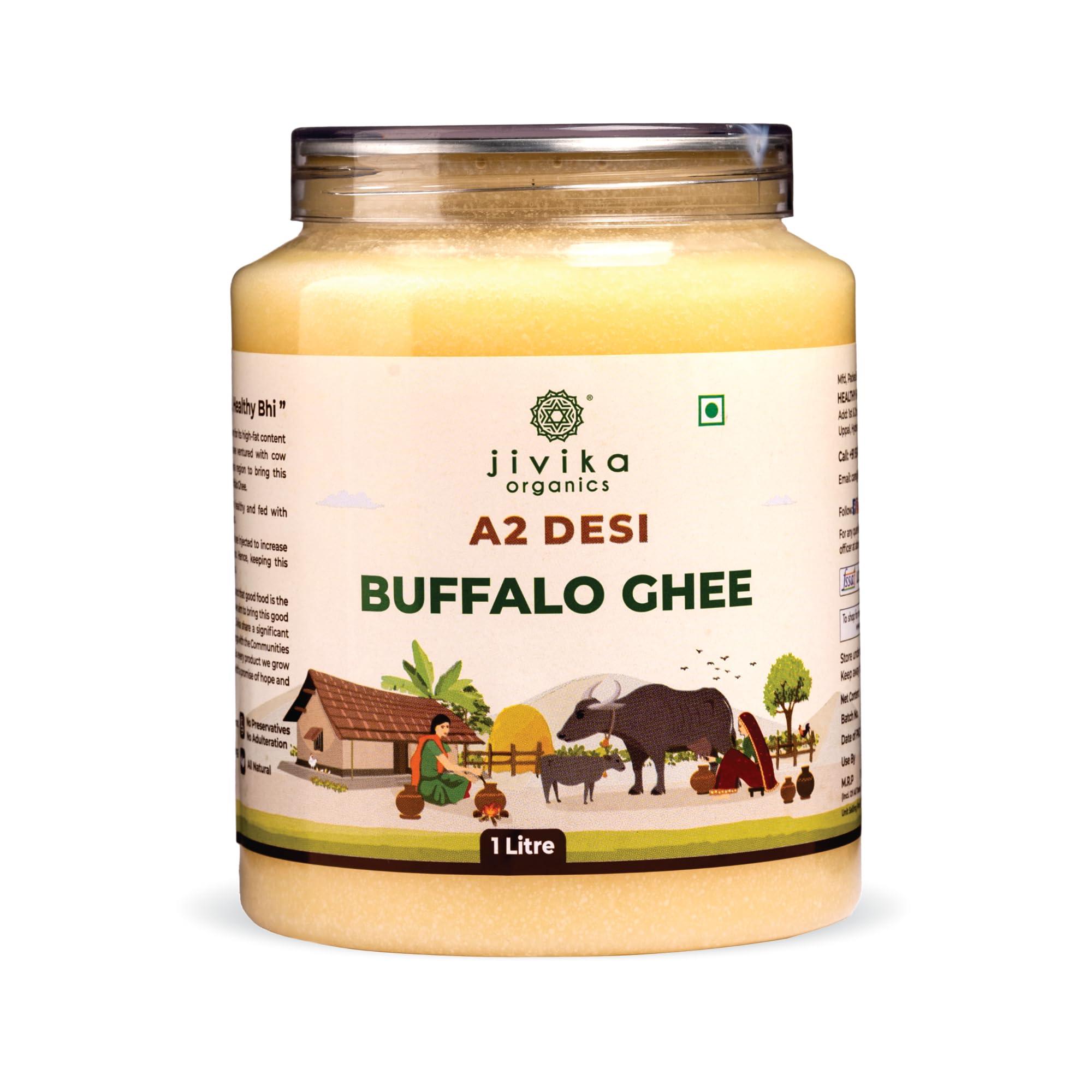 JIVIKA NATURALS JIVIKA NATURALS A2 Desi Buffalo Ghee 1 Litre | Bilona Ghee | Grass Fed Buffaloes | Murra Buffalo | Haryana Region | Pure & Natural | Nutritional Powerhouse | Lab Tested | Pet Jar