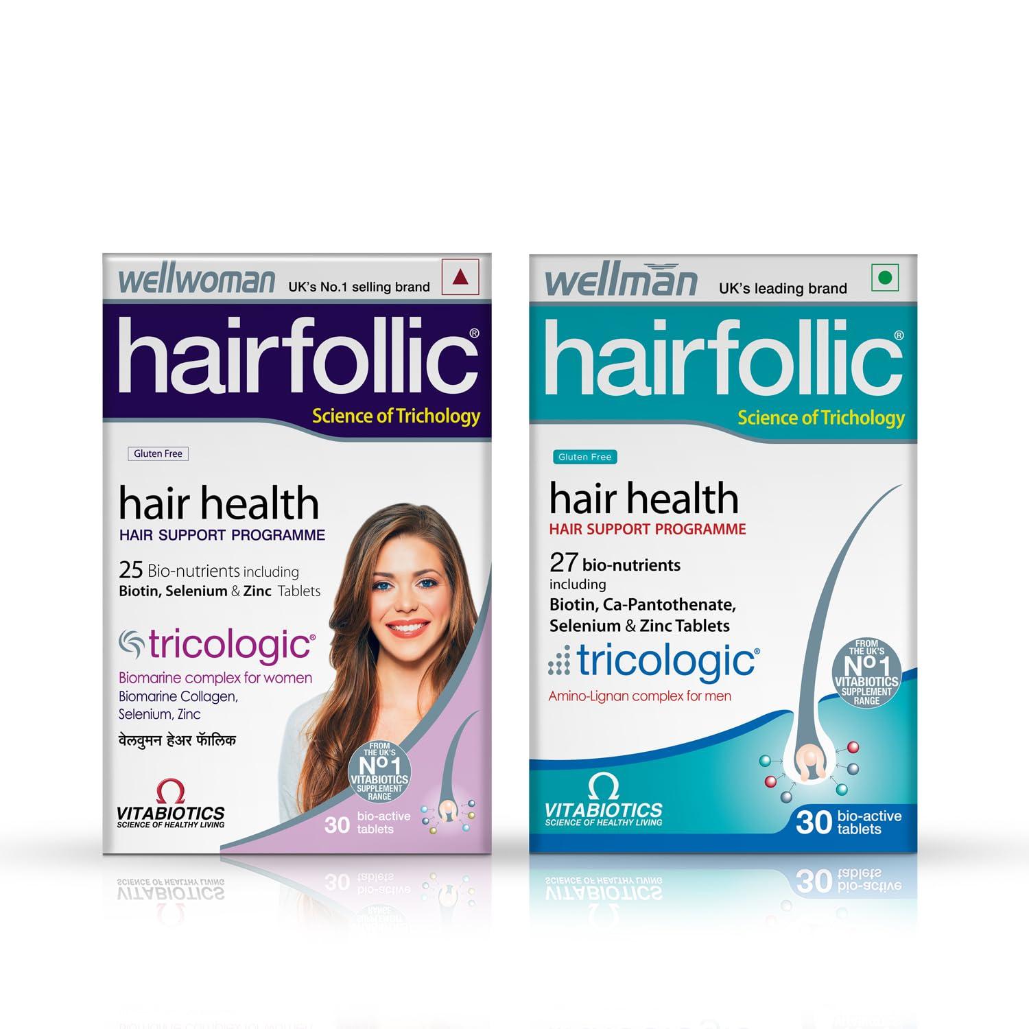 wellman Wellman & Wellwoman Hairfollic Combo Pack with Biotin, Selenium & Zinc | Supports Healthy Hair Growth & Strength | 30 Tablets Each | Nutritional Hair Supplement