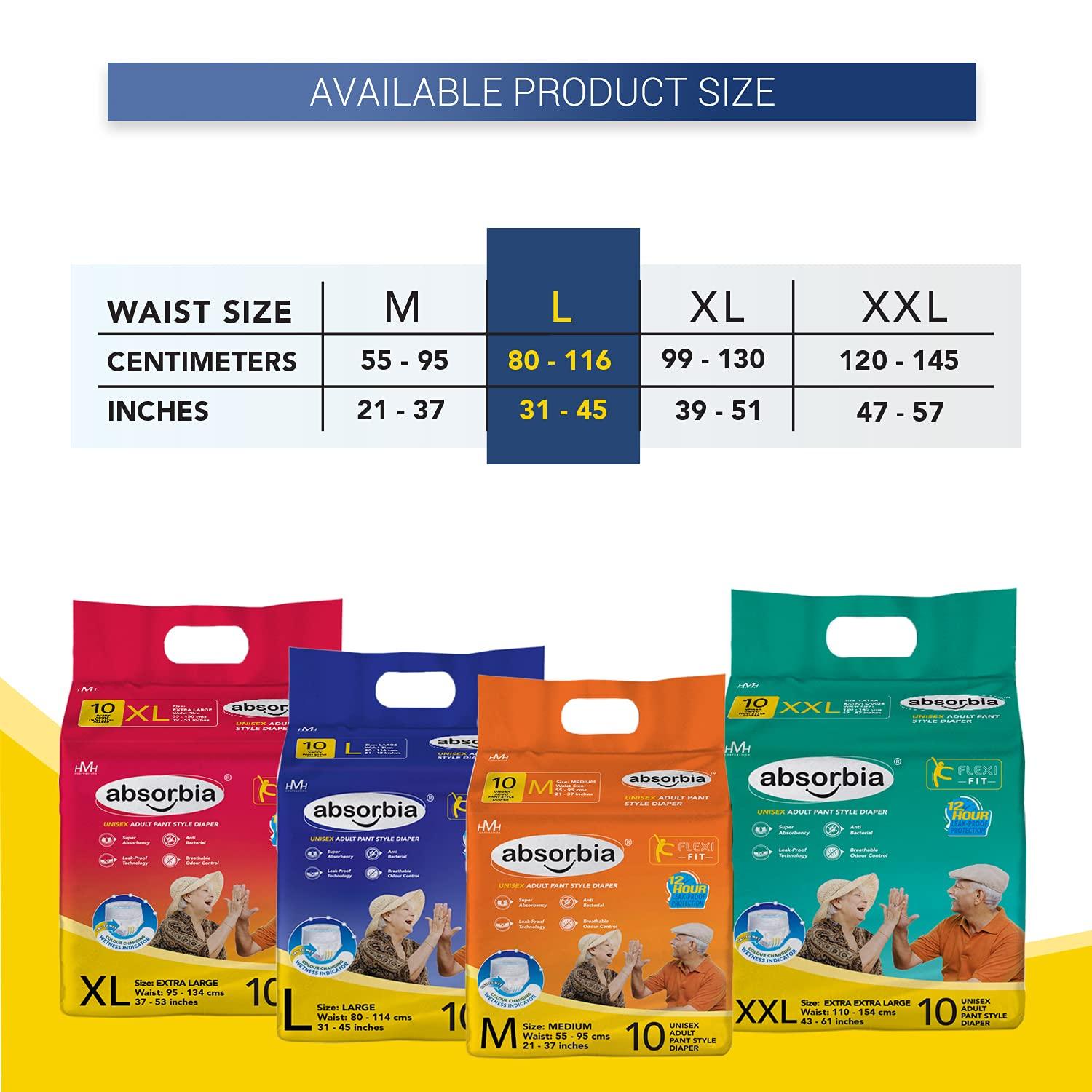 ABSORBIA absorbia Ultra Thin Adult Diaper Pant Large Size | Waist Size 80-114 CM (31-45 incs) Size-L 10 Pant Diapers