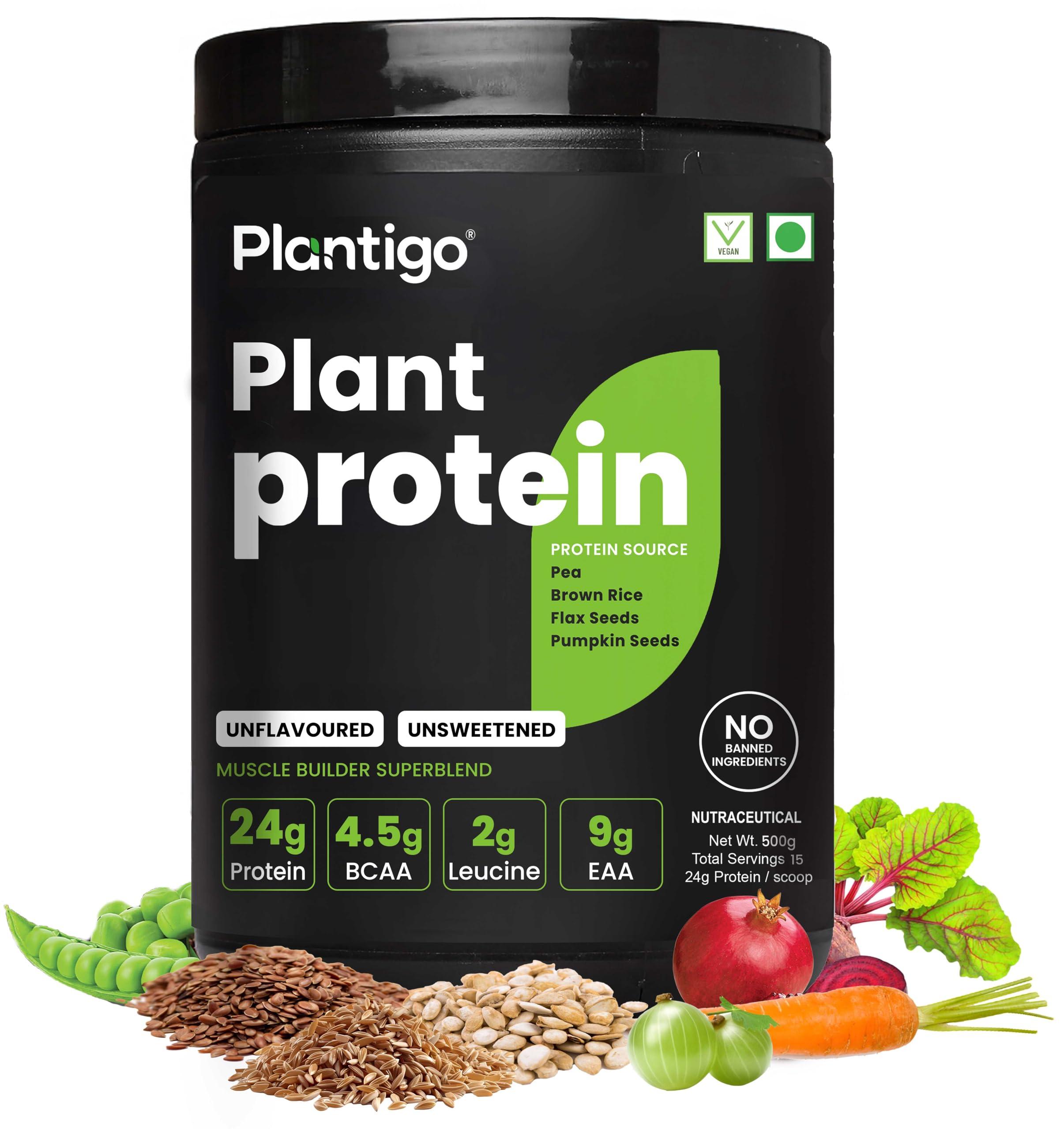 PLANTIGO Plantigo Plant Protein Powder 500g - Unsweetened, Unflavoured, No added Sugar & Sweetener | Plant Based Vegan Pea Protein Powder |24g Protein, BCAA, Fiber - Men & Women Muscle Growth, Cooking, Baking