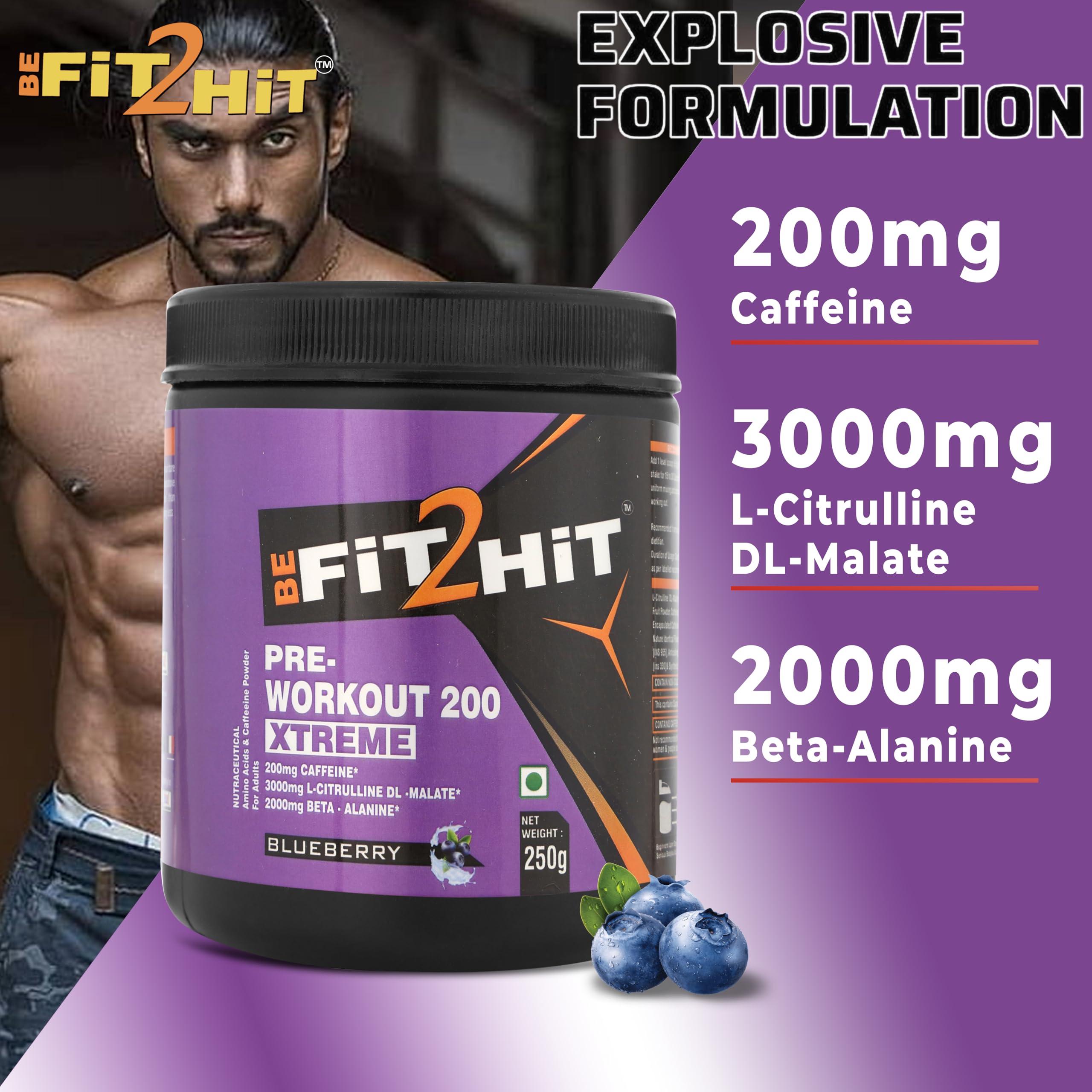 BEFIT2HIT BeFit2Hit Blueberry Flavour Pre Workout Powder - 250gm (Pack of 1) | Caffeine 200mg | Boost Energy | No Additives | 38 Servings