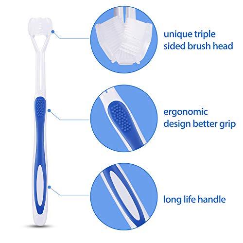Boao 3 Sided Autism Toothbrush Three Bristle Travel Toothbrush for Complete Teeth and Gum-Care, Great Angle Bristles Clean Each Tooth, Soft/Gentle (Green, Blue, 2 Pieces)