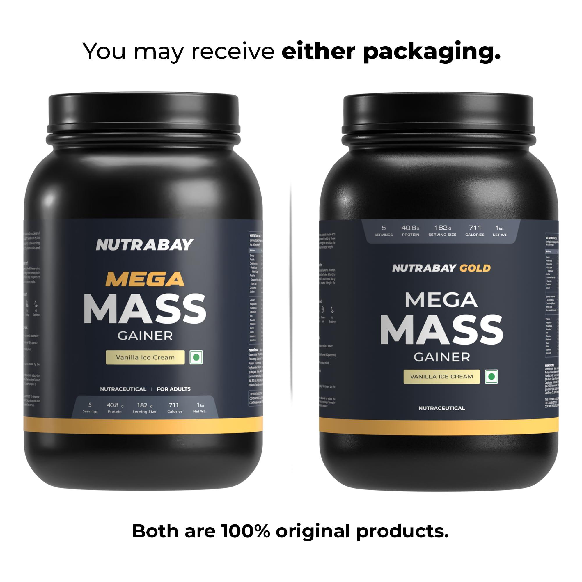 Nutrabay Nutrabay Gold Mega Mass Gainer Powder - 1kg, Vanilla Ice Cream | 100% Veg | 40.8g Protein, 123g Carbs, 711 Calories | Muscle Building & Weight Gainer Supplement for Men & Women