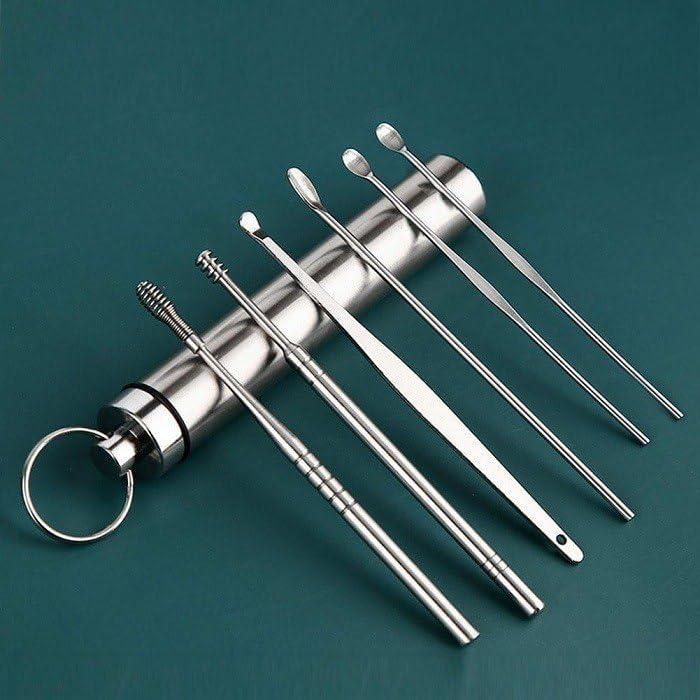 VIETNAM VIETNAM 6-in-1 Ear Wax Cleaner - Resuable Ear Cleaning Tools with Aluminum Tube - Ear Pick Wax Remover Tool Kit with Ear Curette Cleaner and Spring Ear Buds Cleaner Fit in Pocket Great for Traveling